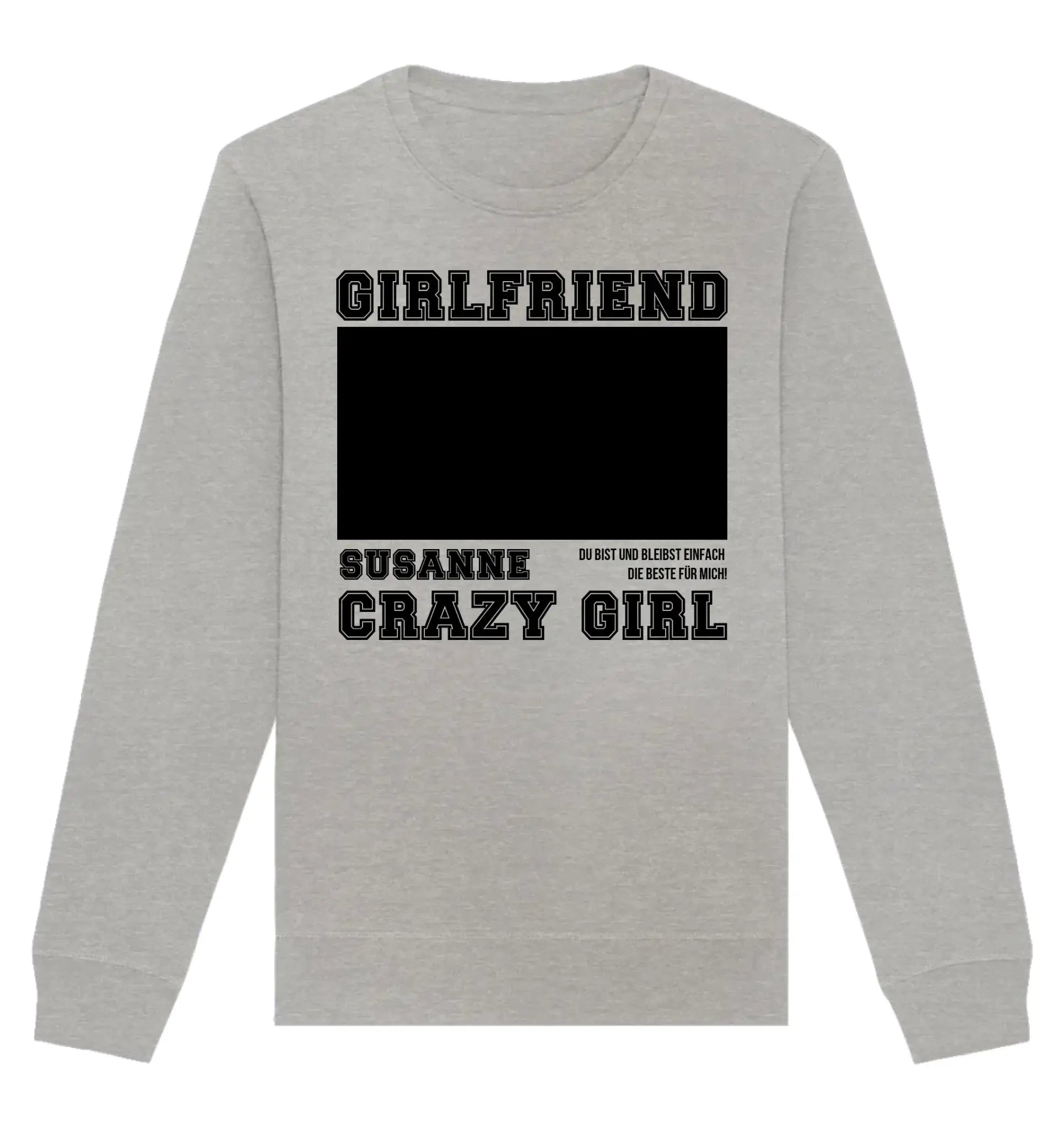 Ein heather graues Sweatshirt mit langen Ärmeln und einem zentralen leeren Rechteck zum Personalisieren
