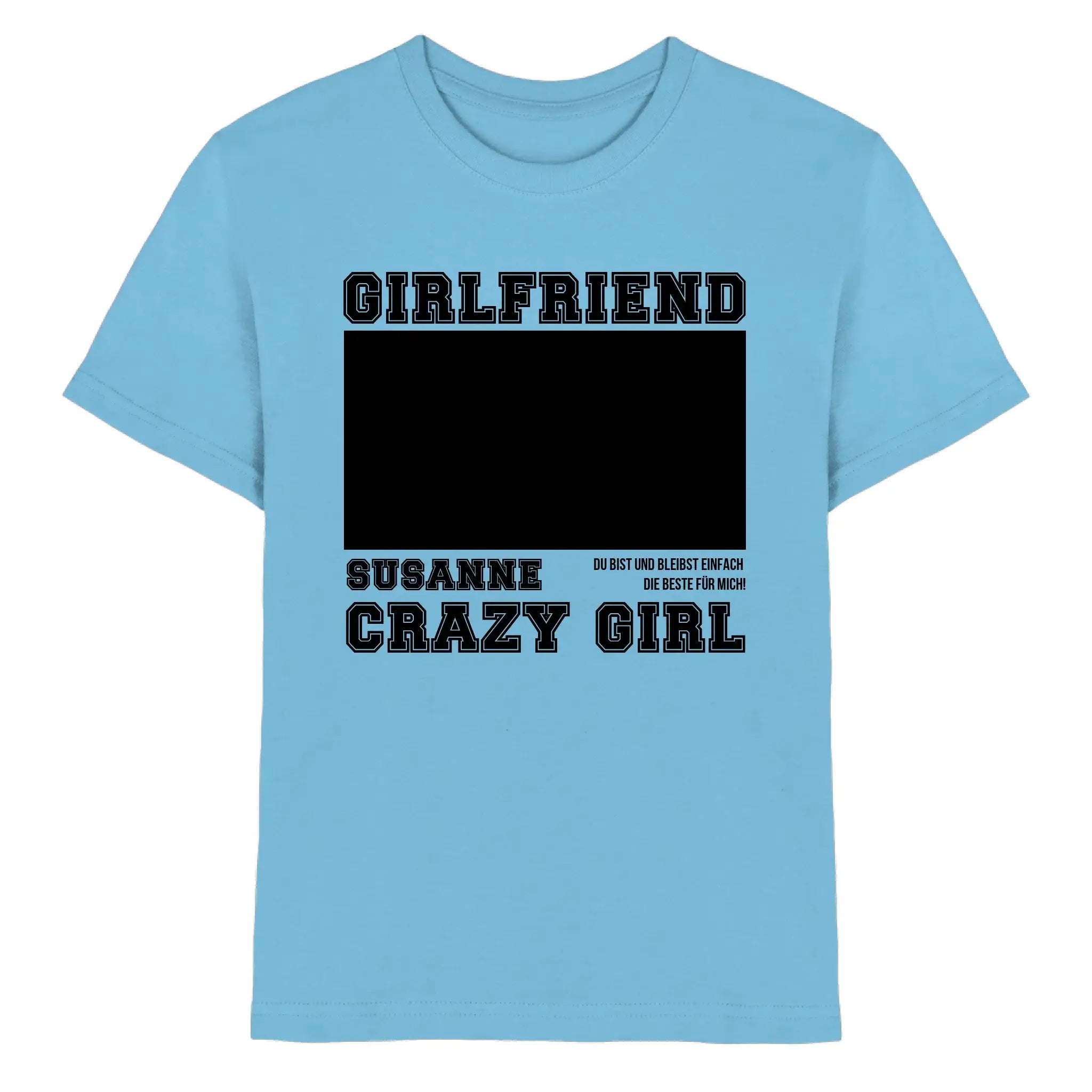 Hellblaues baumwoll t shirt mein fotomotiv 13 mit schwarzem text und leerer rechteckfläche zum personalisieren