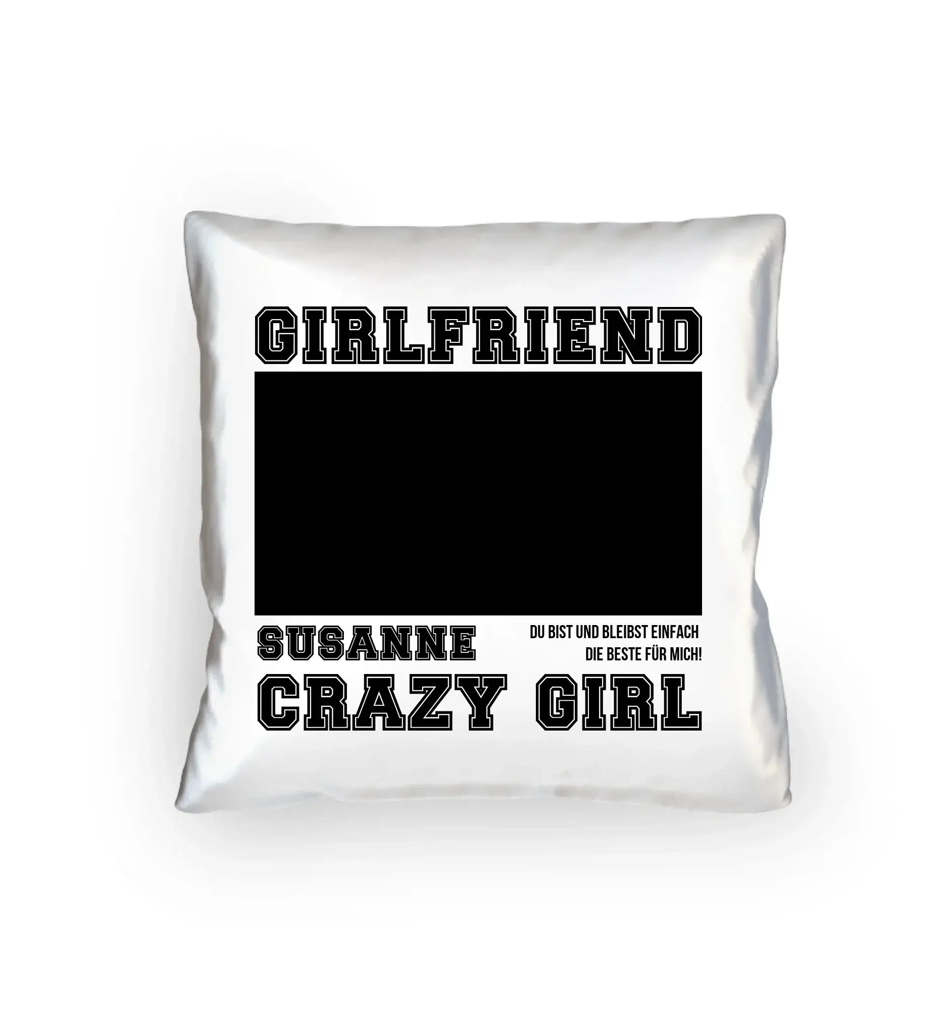 Weißer dekorationskissen mit schwarzem text und zentralem rahmen für ein foto mein fotomotiv 13 personalisiert