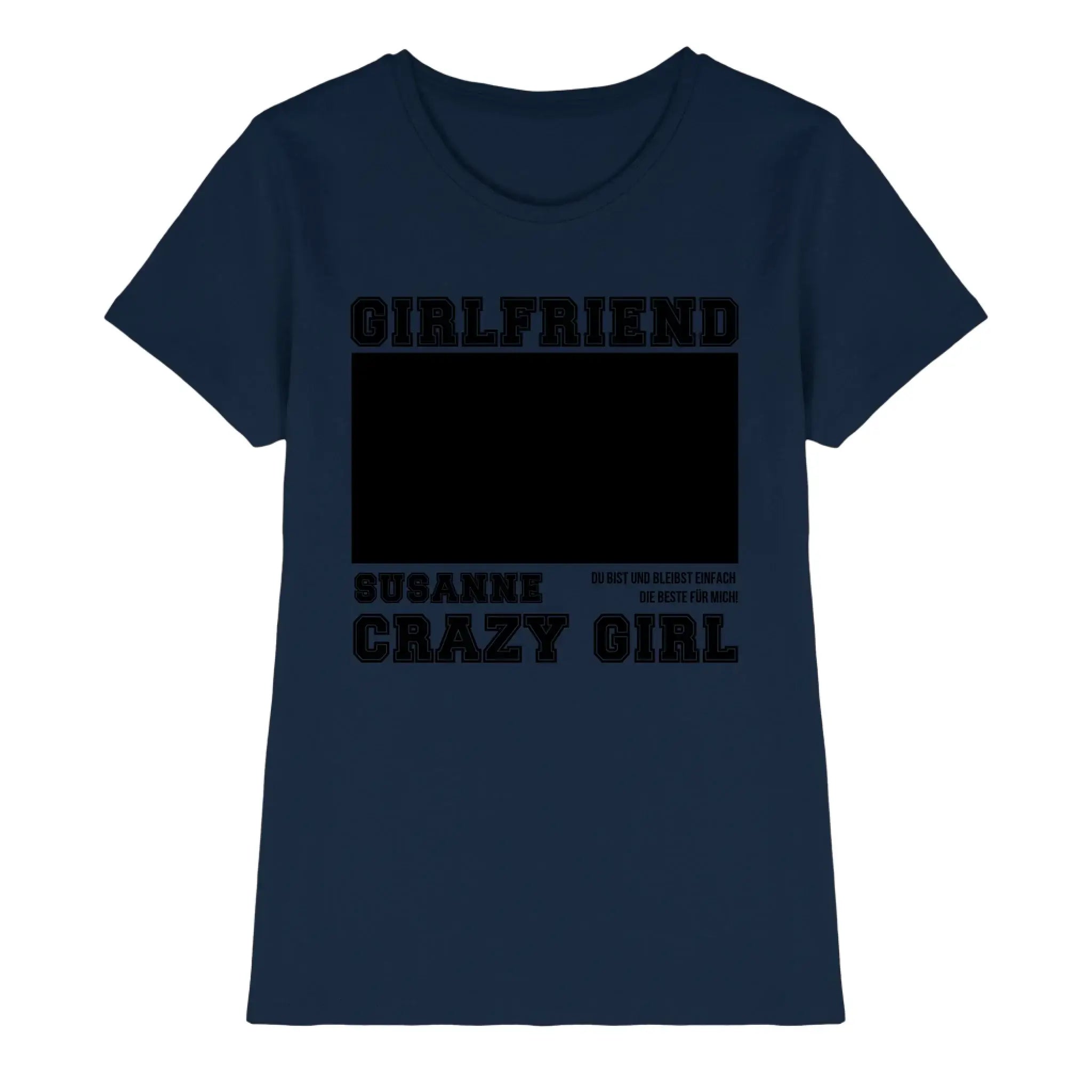 Navy blaue baumwoll t shirt mit schwarzem statement print girlfriend und crazy girl aus der statement collection