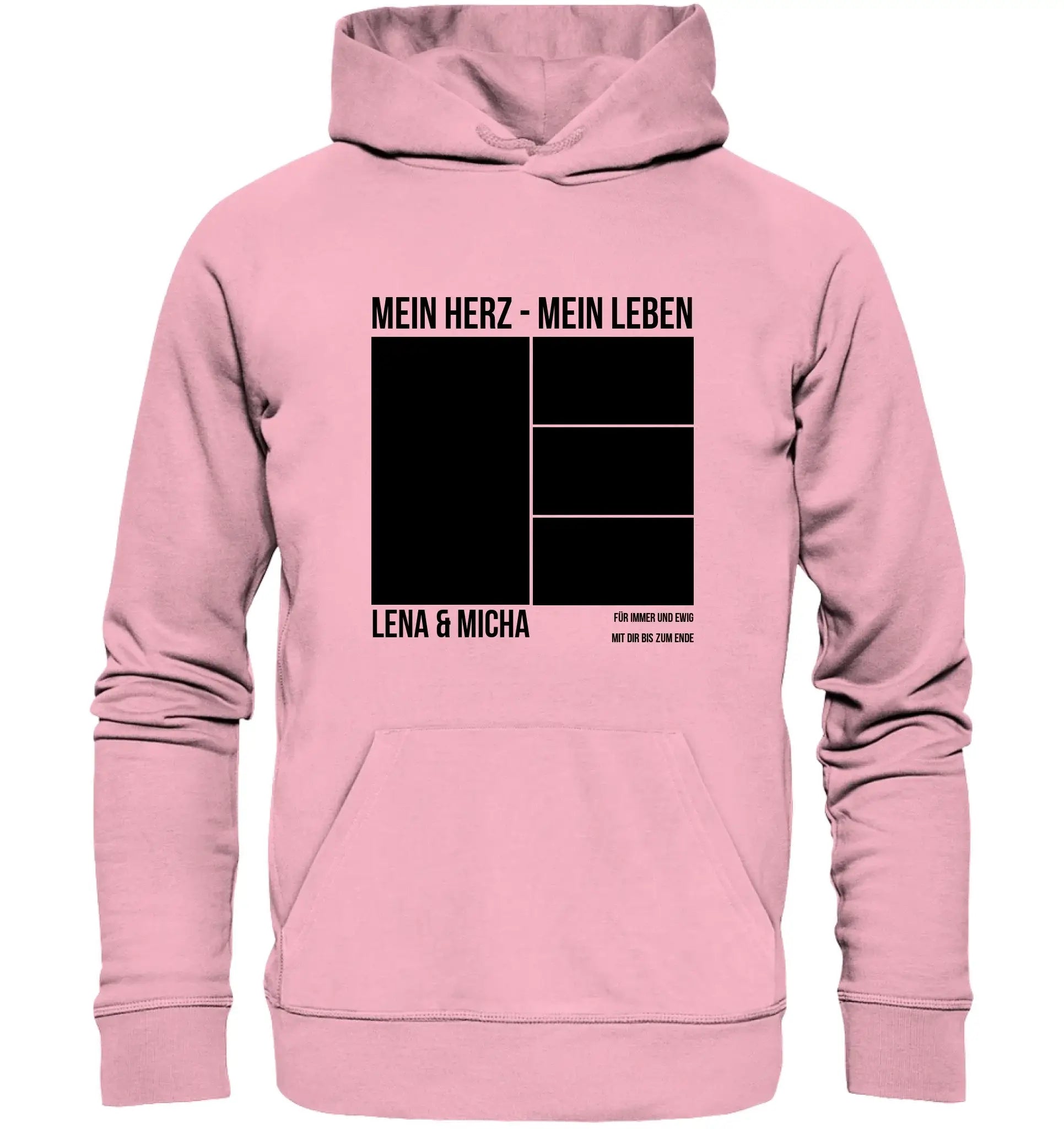 A soft pink hooded sweatshirt from the statement collection with a bold black graphic and customizable text on the front