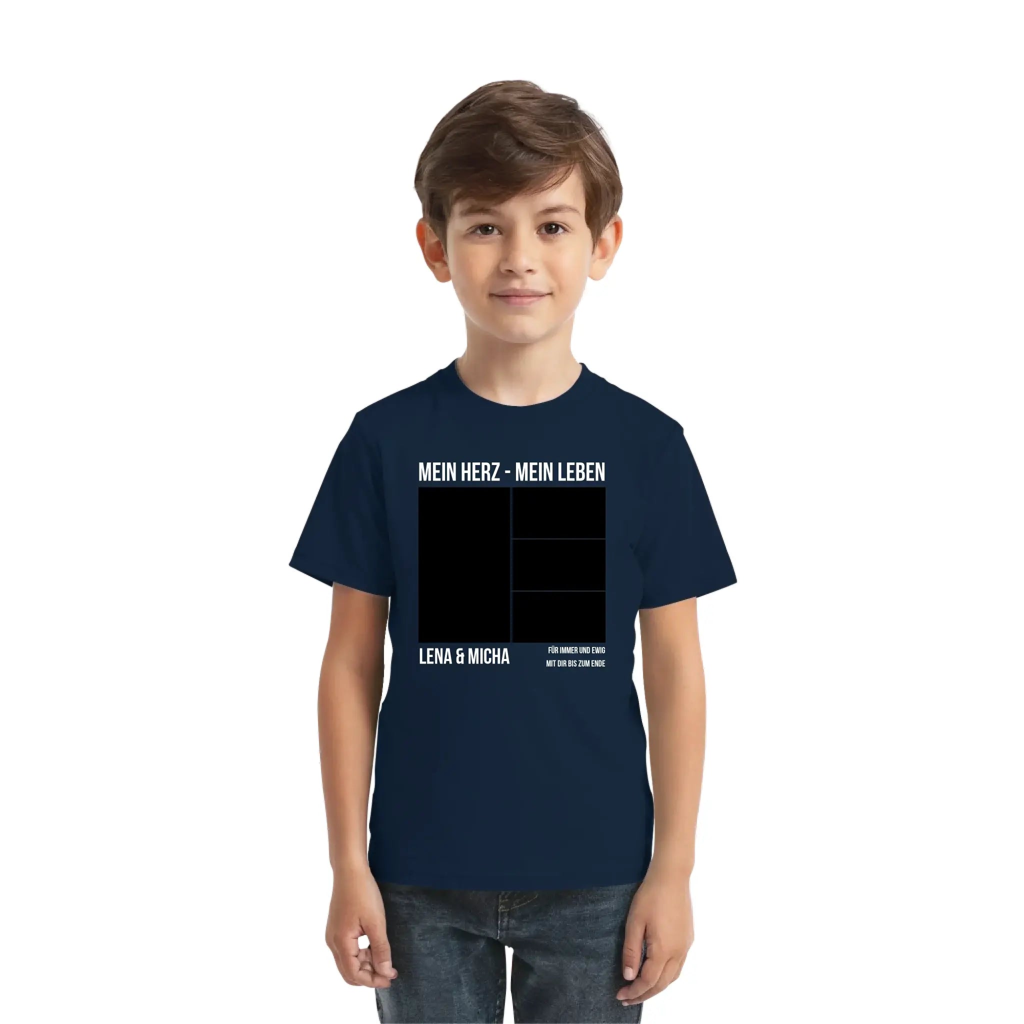 Navy blaues kurzarmshirt mit weißem text mein herz mein leben und schwarzem rasterdesign personalisiert