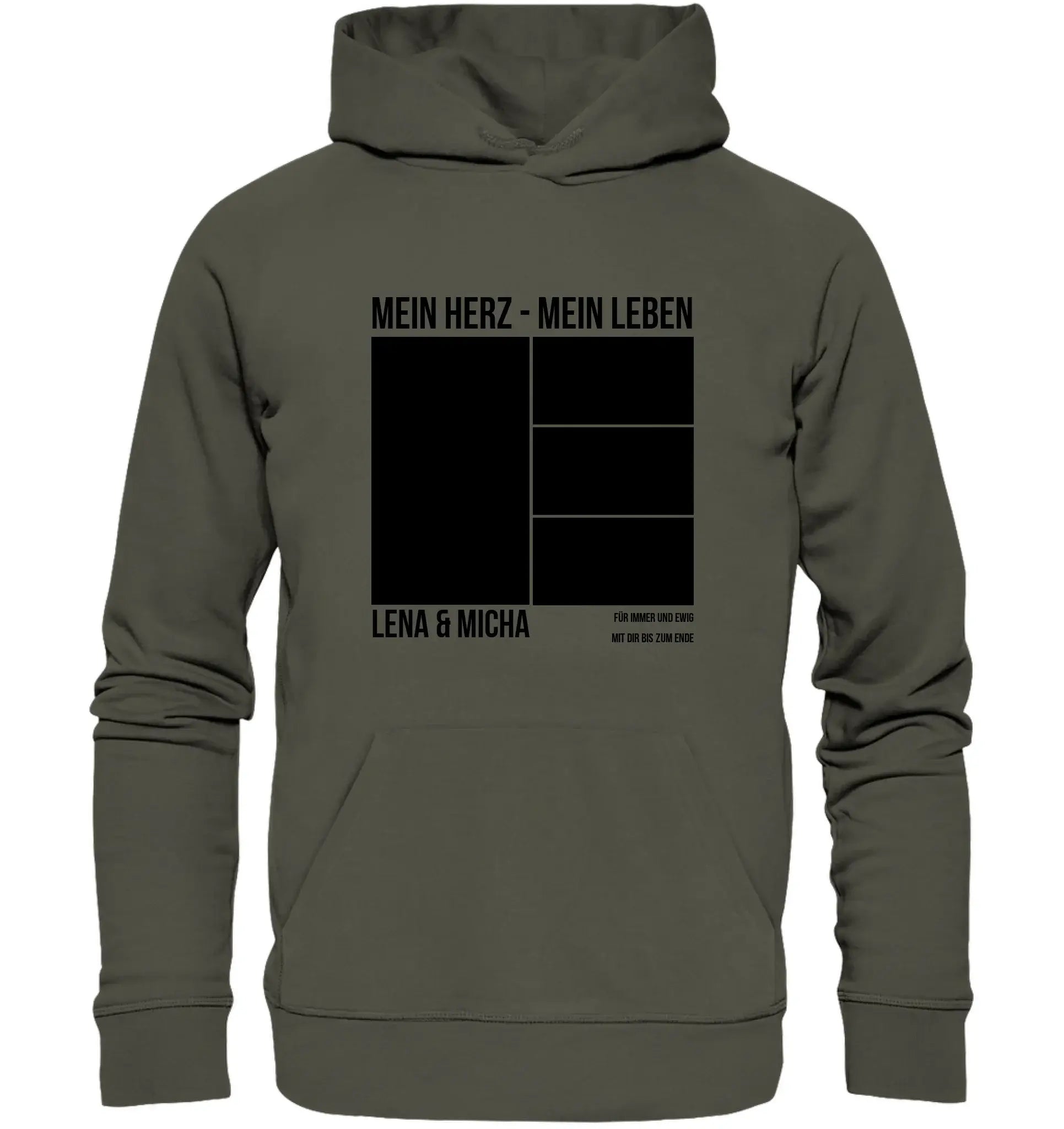 Olivegrüner kapuzenpullover mit schwarzem grafikdruck und text personalisierbar aus statement-collection