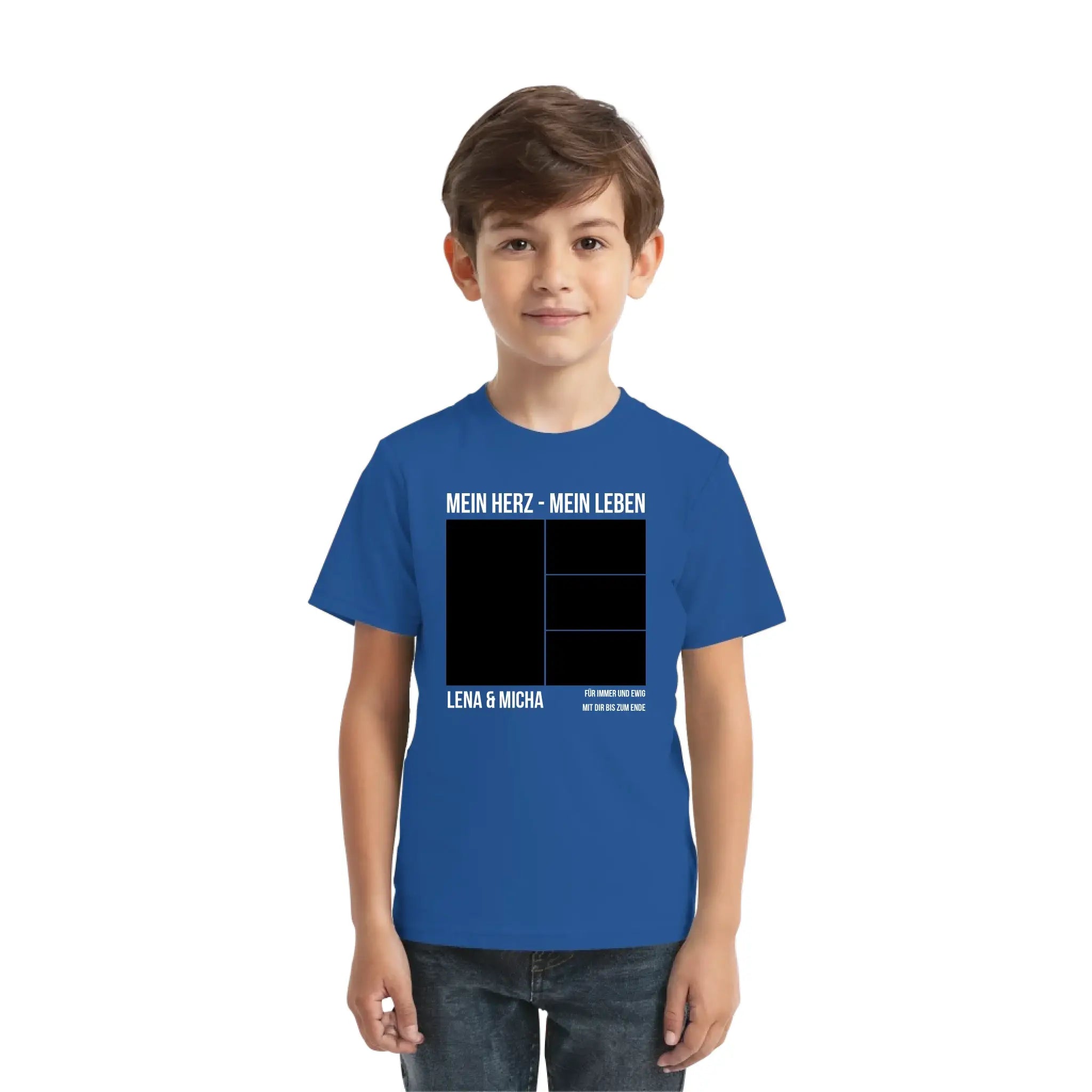 Blaues kurzarmshirt mit weißem text und schwarzem grafikdesign mein herz mein leben lena und micha personalisiert