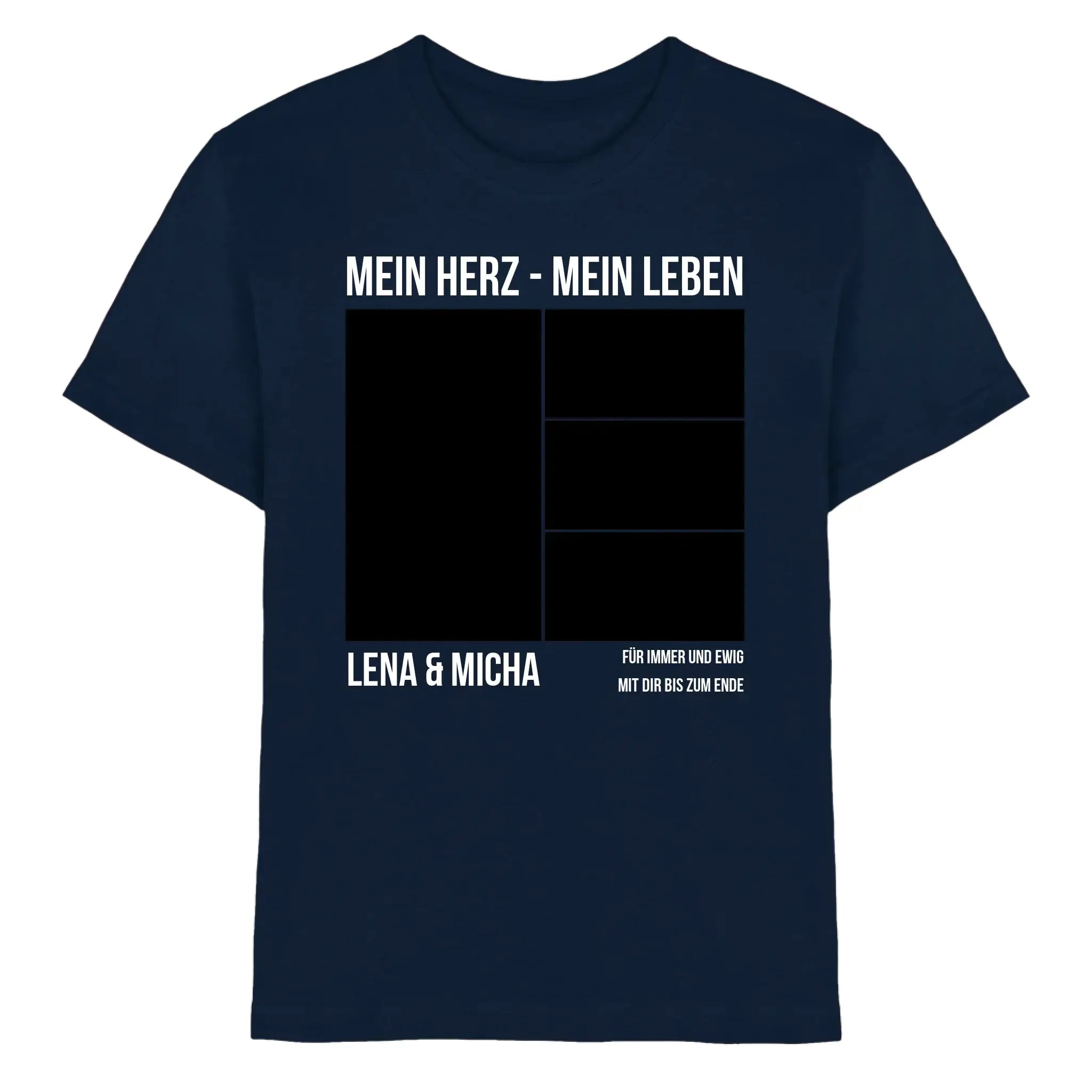 Navy blaue baumwoll t shirt mit weißem text und schwarzen rechteckigen fotoplatzhaltern personalisierte collage