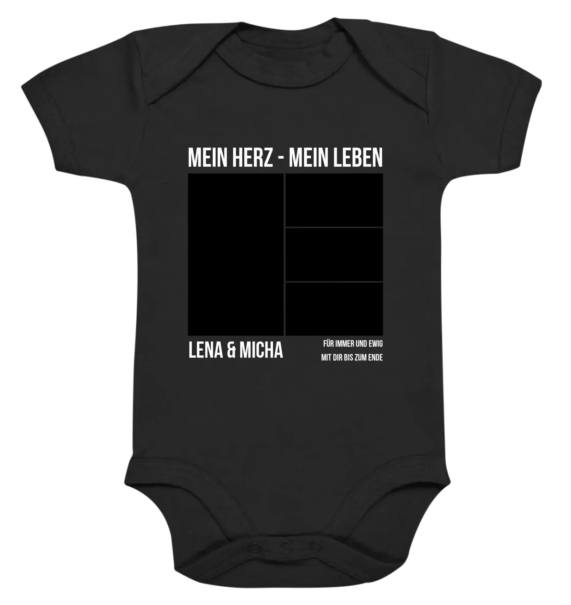 Schwarzer kurzarm baby body mit weißem text und schwarzem rasterdesign personalisierbar aus der statement collection