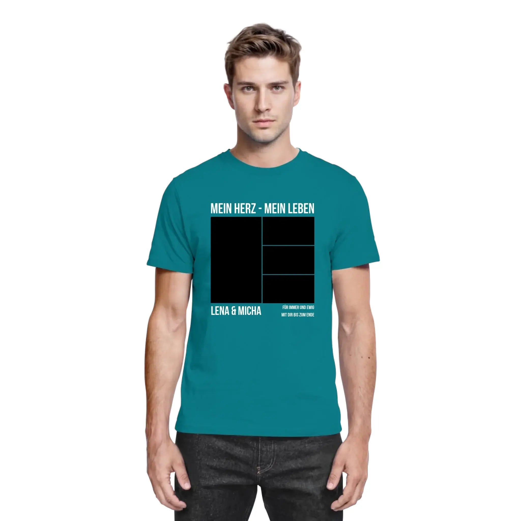 Tealfarbenes baumwollshirt mit schwarz weißem graphic design mein herz mein leben und namen lena und micha