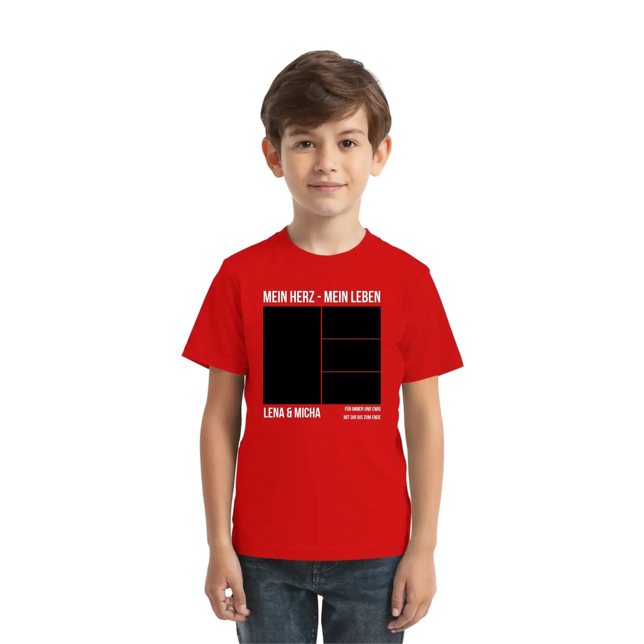 Rotes baumwoll tshirt mit schwarzem grafikdesign und weißem text mein herz mein leben sowie lena und micha personalisiert
