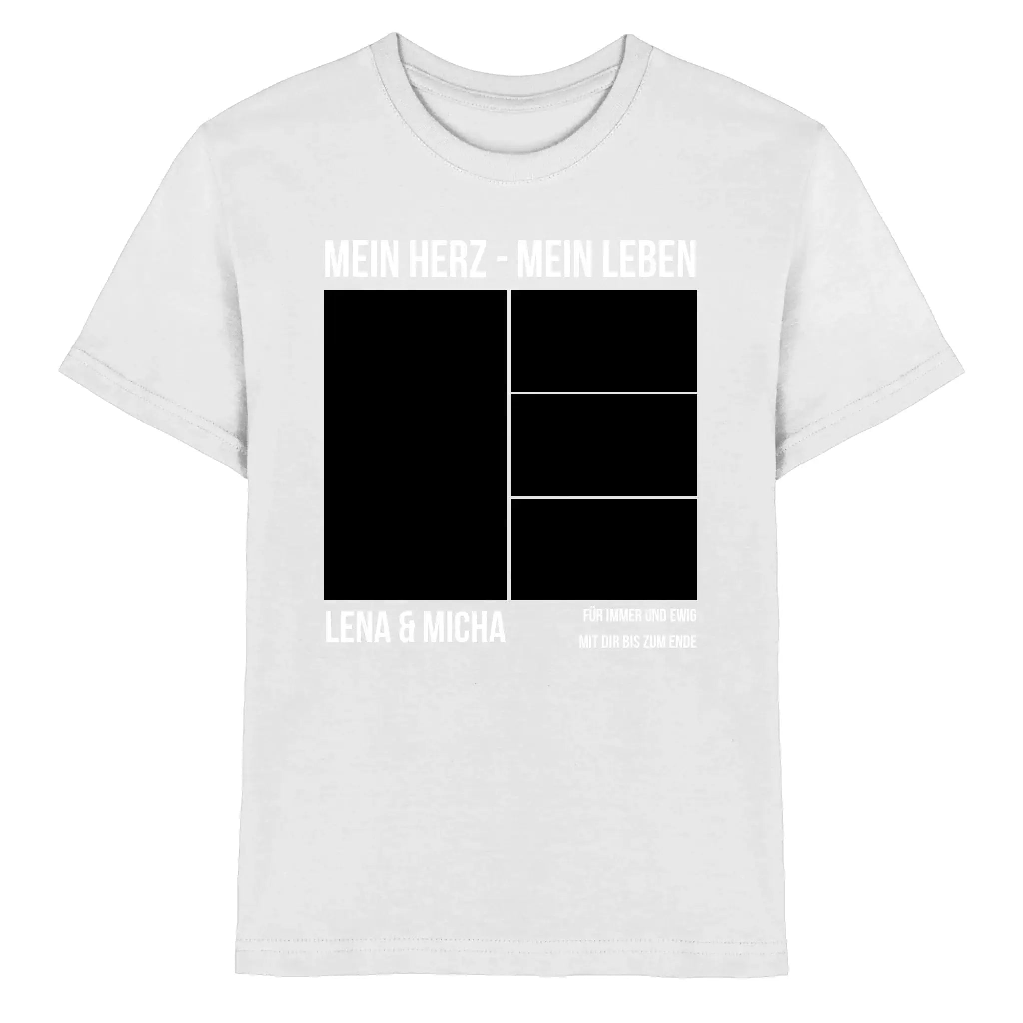 Weißen baumwoll-t-shirt mit minimalistischer schwarzer grafik mein herz mein leben lena und micha aus der statement-collection