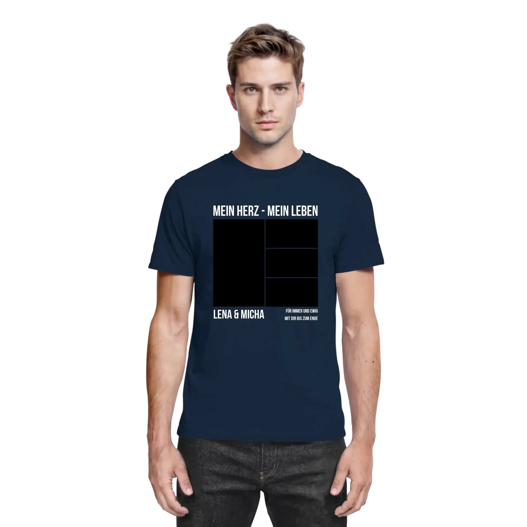 Navy blaue baumwoll t shirt mit weißem text und schwarzem rechteckigem grafikdesign aus der statement kollektion