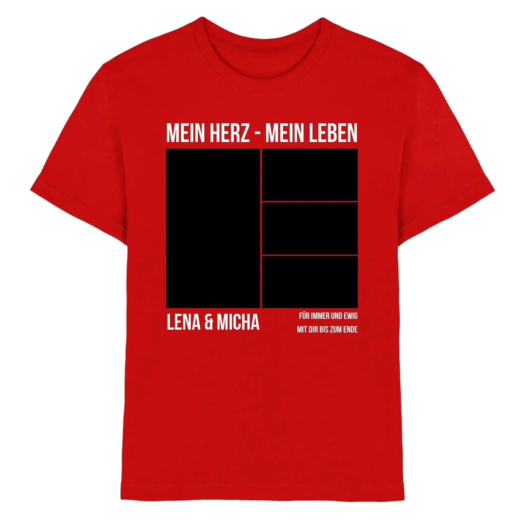 Rotes cotton t-shirt mit boldem schwarz-weißem statement-design mein herz mein leben und personalisierter collage