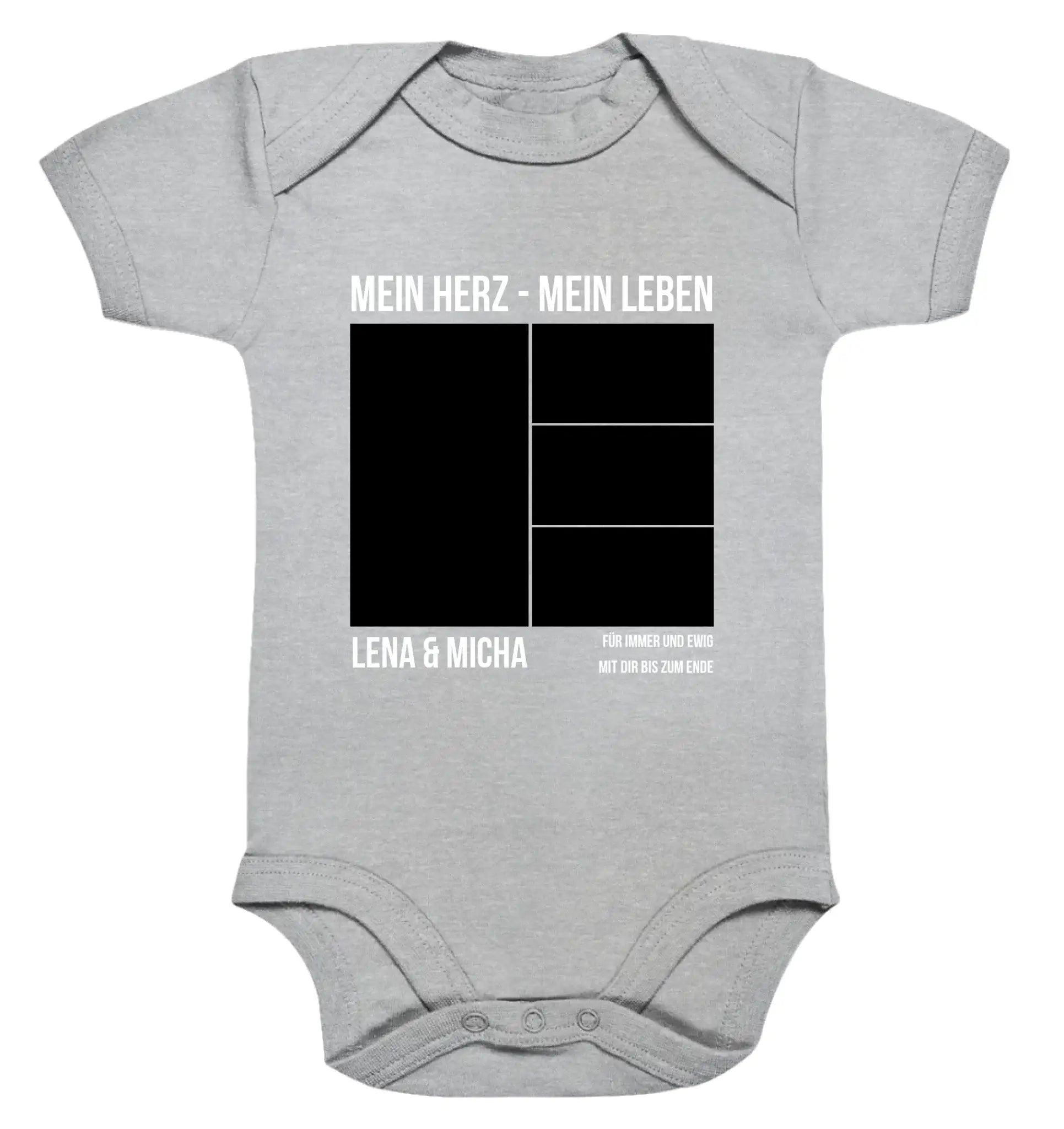 Grauer babystrampler mit schwarzem weißem grafikdesign mein herz mein leben lena und micha personalisiert