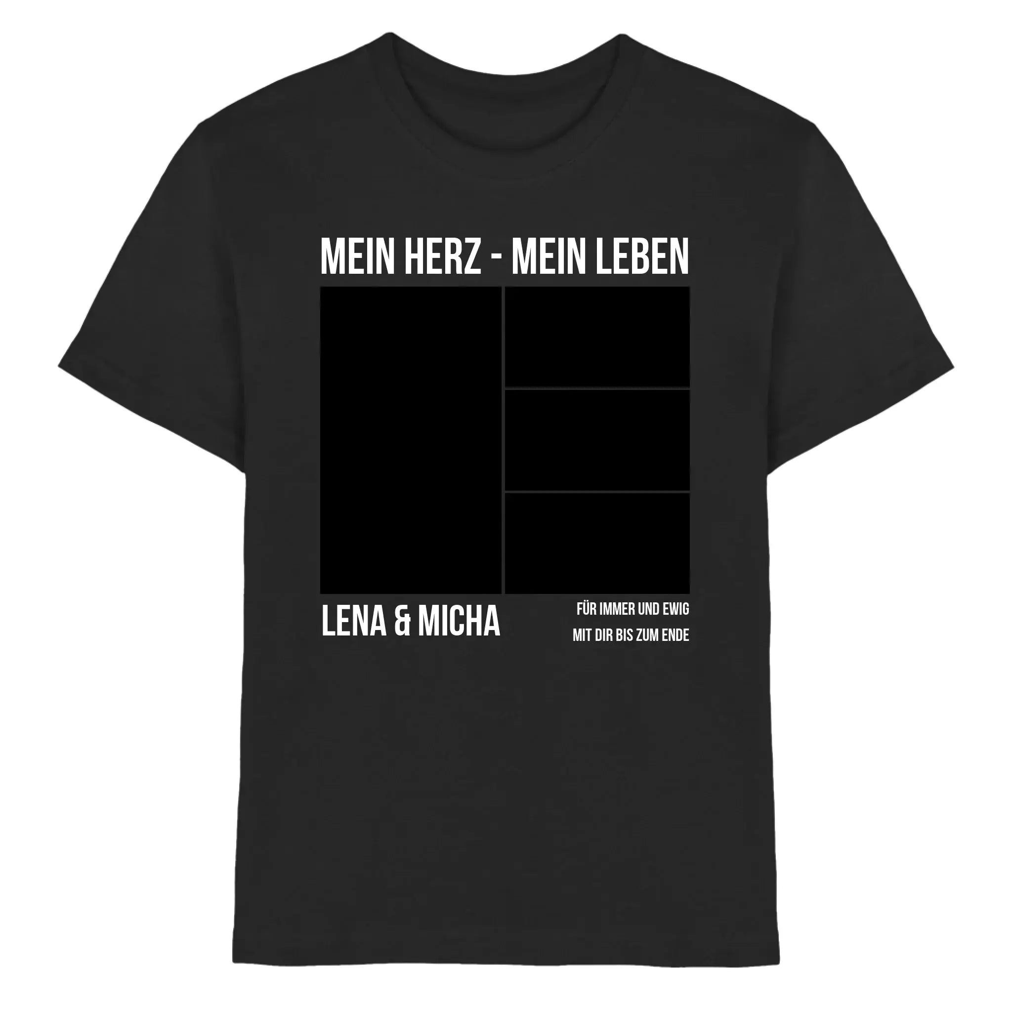 Schwarzes bio baumwoll t shirt mit weißem text und schwarzem raster design aus der statement collection personalisiert