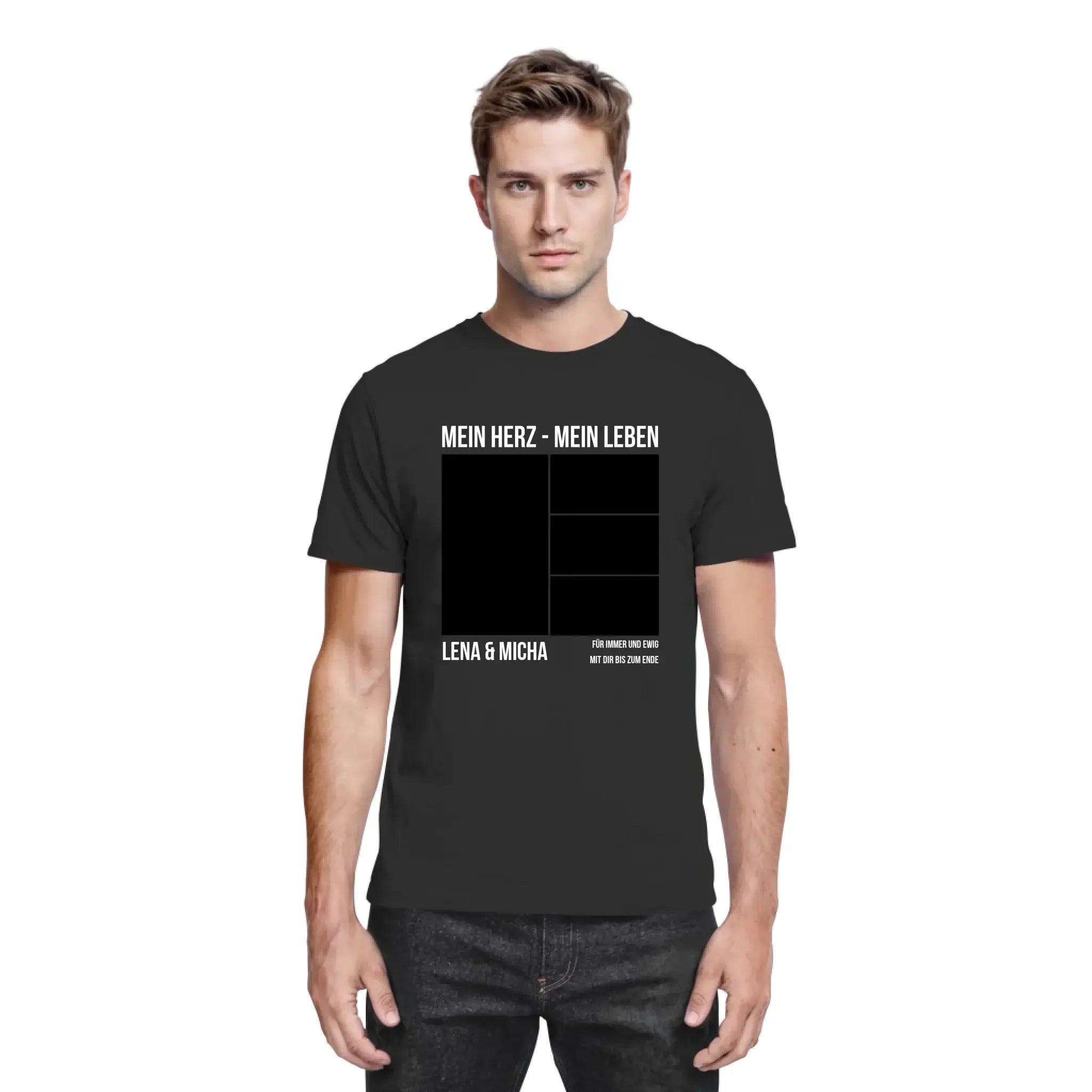 Schwarzes baumwoll t shirt mit weißem text und schwarzem rechteckigem gitterdesign aus der statement collection