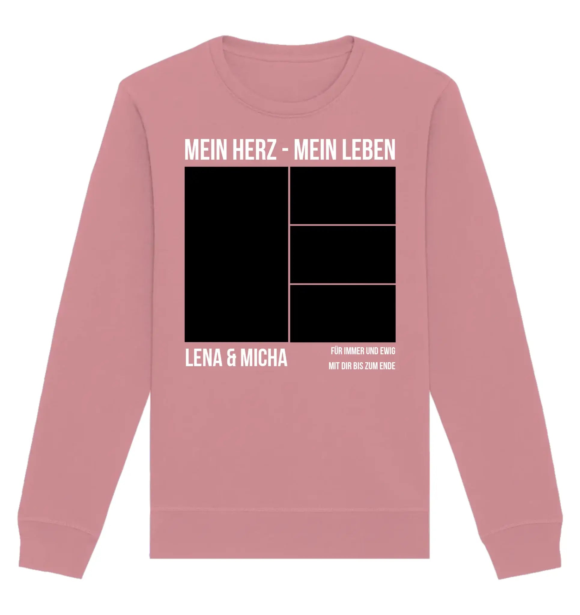 Ein weicher rosa langarm-sweatshirt mit schwarz-weißem grafikdesign und wunschtext mein herz mein leben