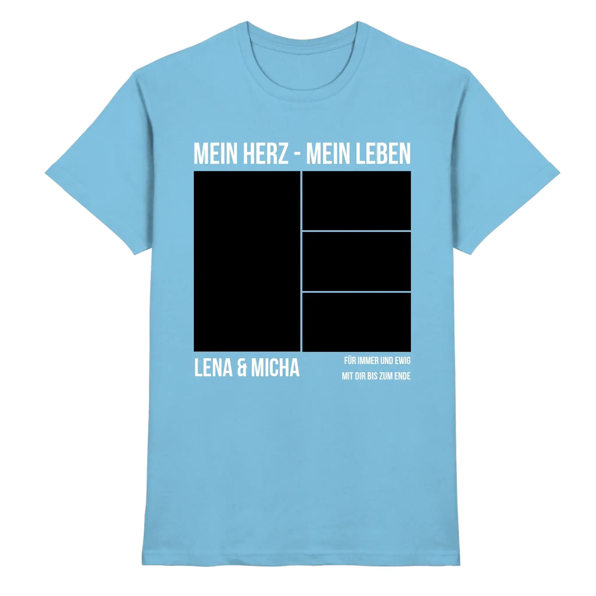 Hellblaues baumwollshirt mit schwarzem und weißem grafikdruck mein herz mein leben und lena und micha text