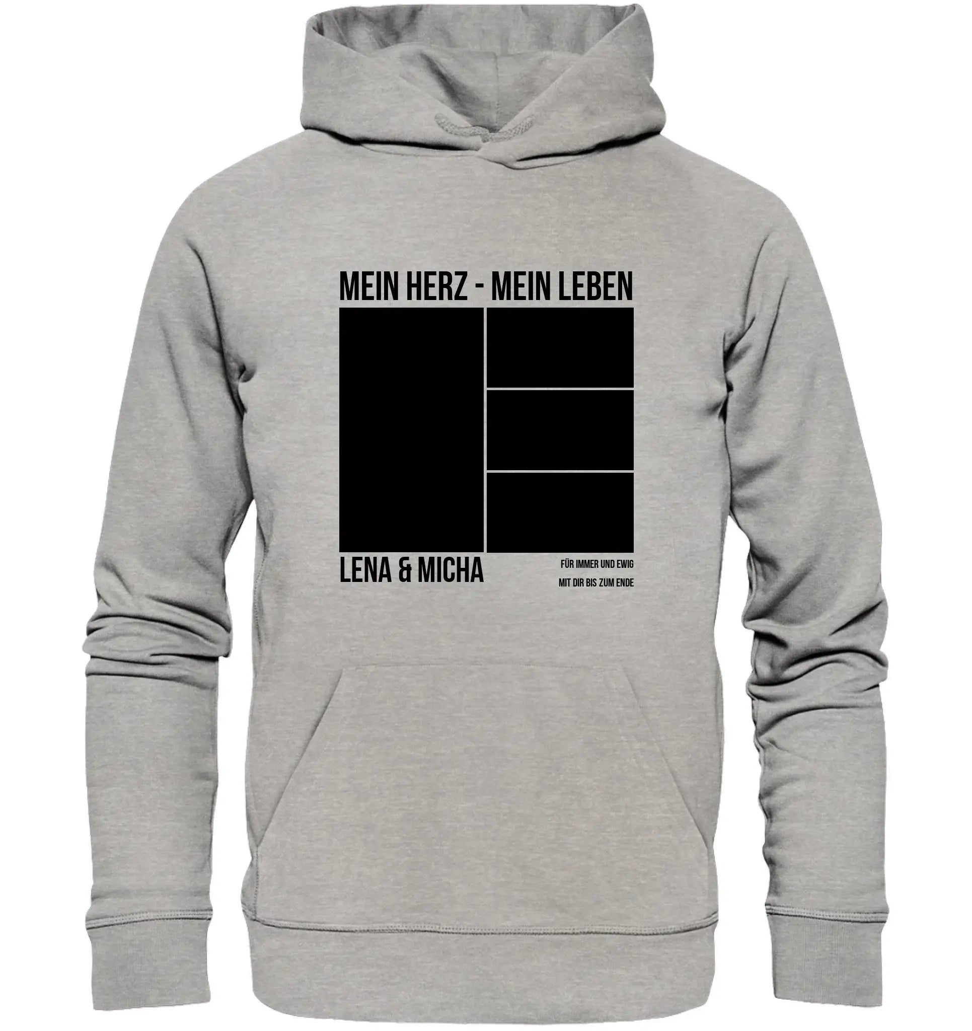 Heather grauer hoodie mit schwarzem statement mein herz mein leben und lena & micha couples design