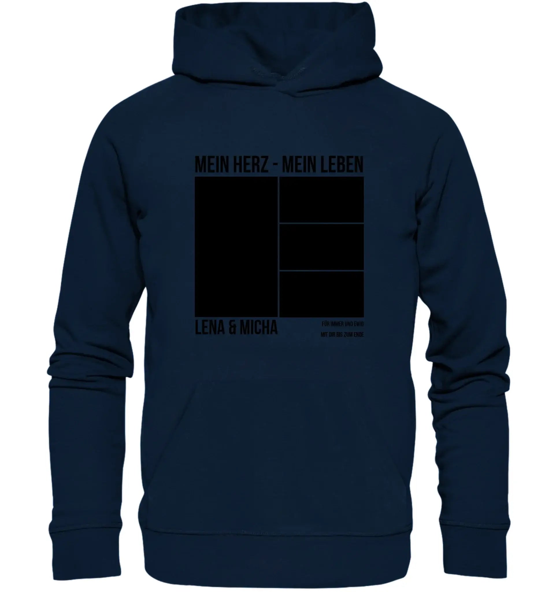 Dunkelblauer hoodies mit schwarzem grafikdruck mein herz mein leben lena und micha personalisiert