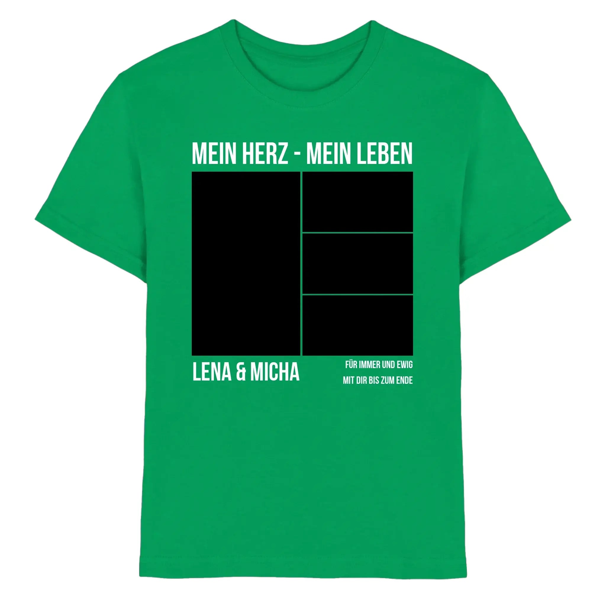 Grünes kurzarmshirt mit schwarzem und weißem statement motiv mein herz mein leben lena und micha personalisiert