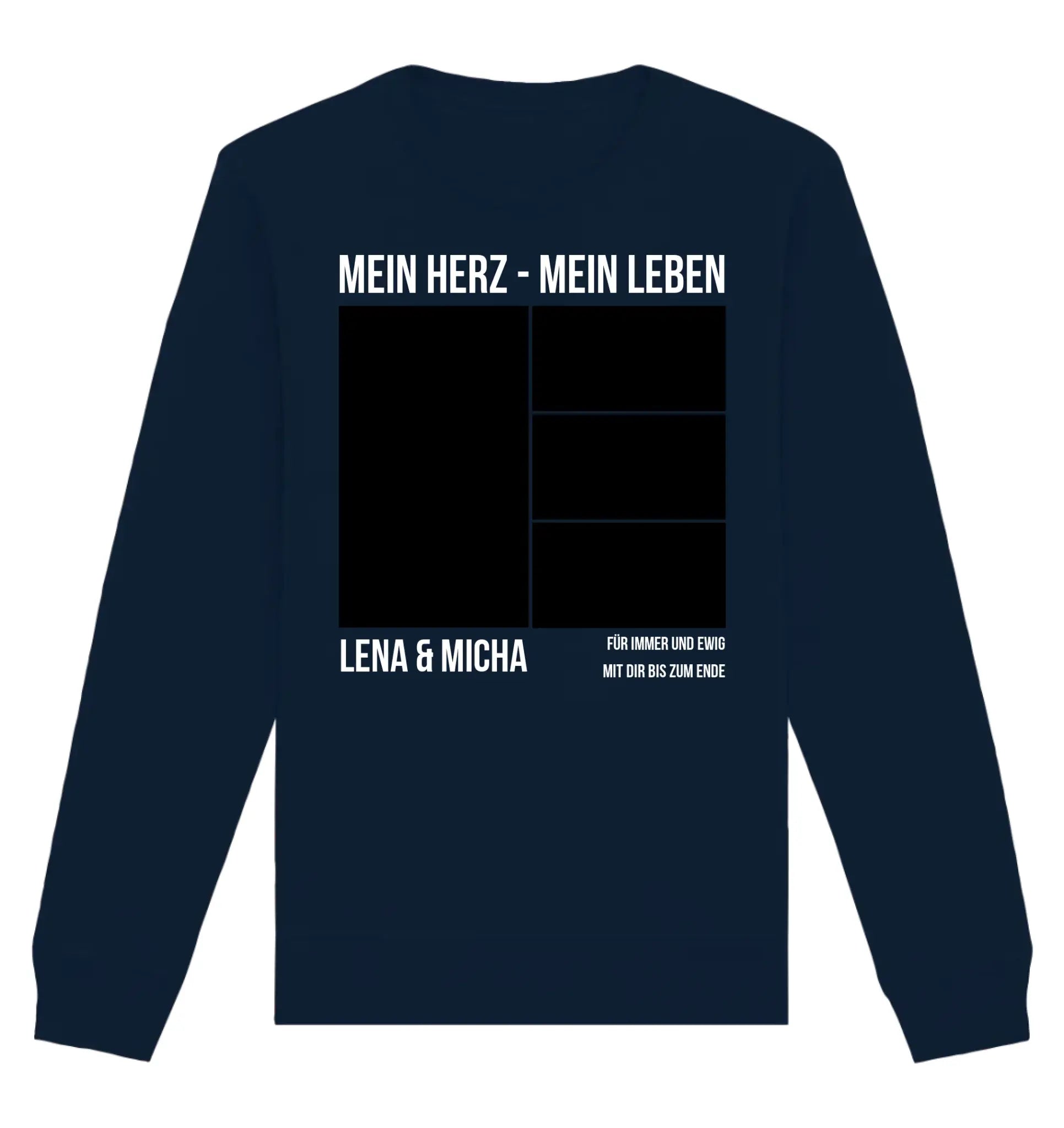 Navyblaues langarmshirt mit weißem text und schwarzem rechteckigem rasterdesign auf der rückseite personalisiert