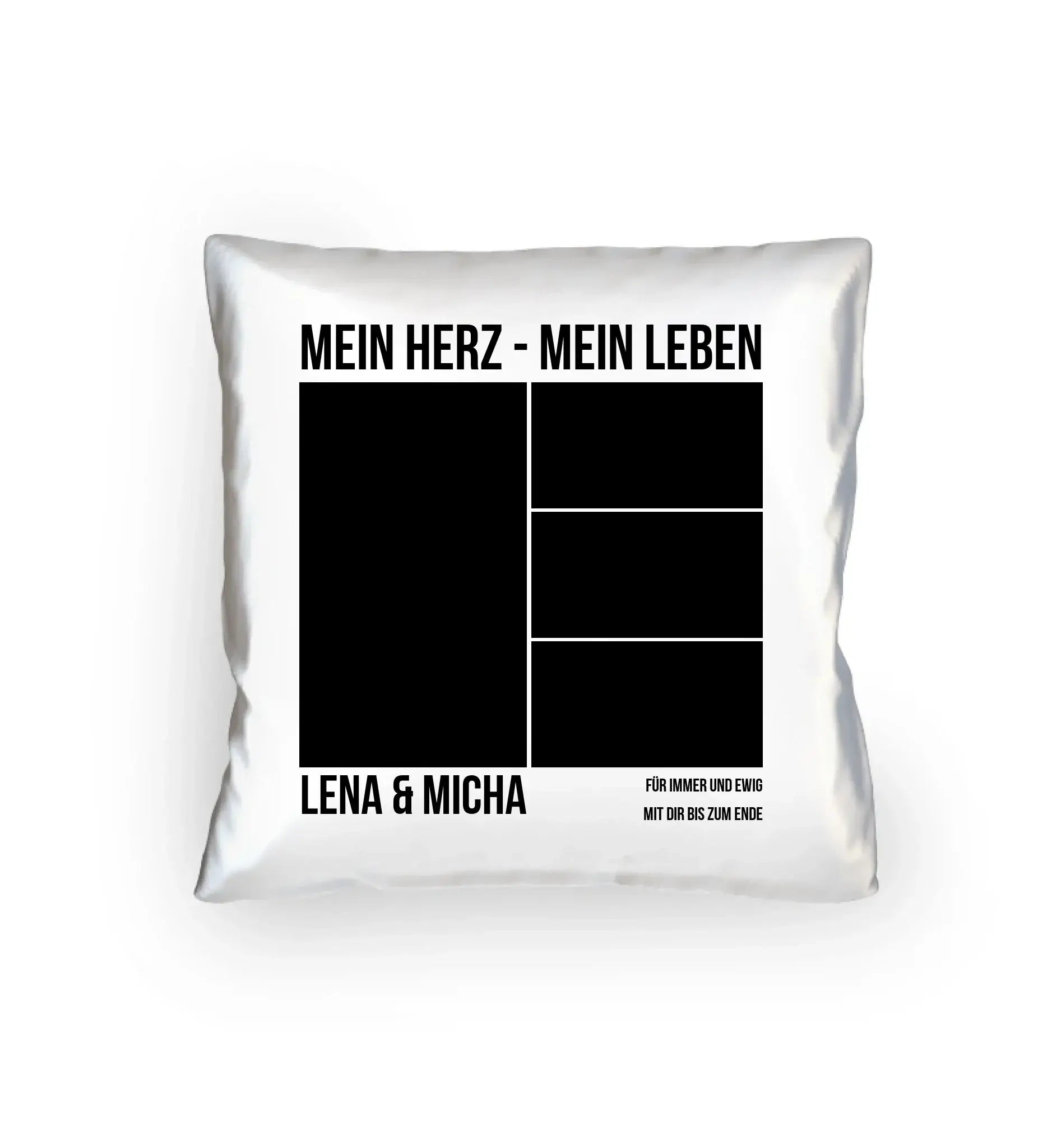 Weißer dekorativer kissenbezug mit schwarzem text und rahmen zur collage und personalisierung aus der statement collection