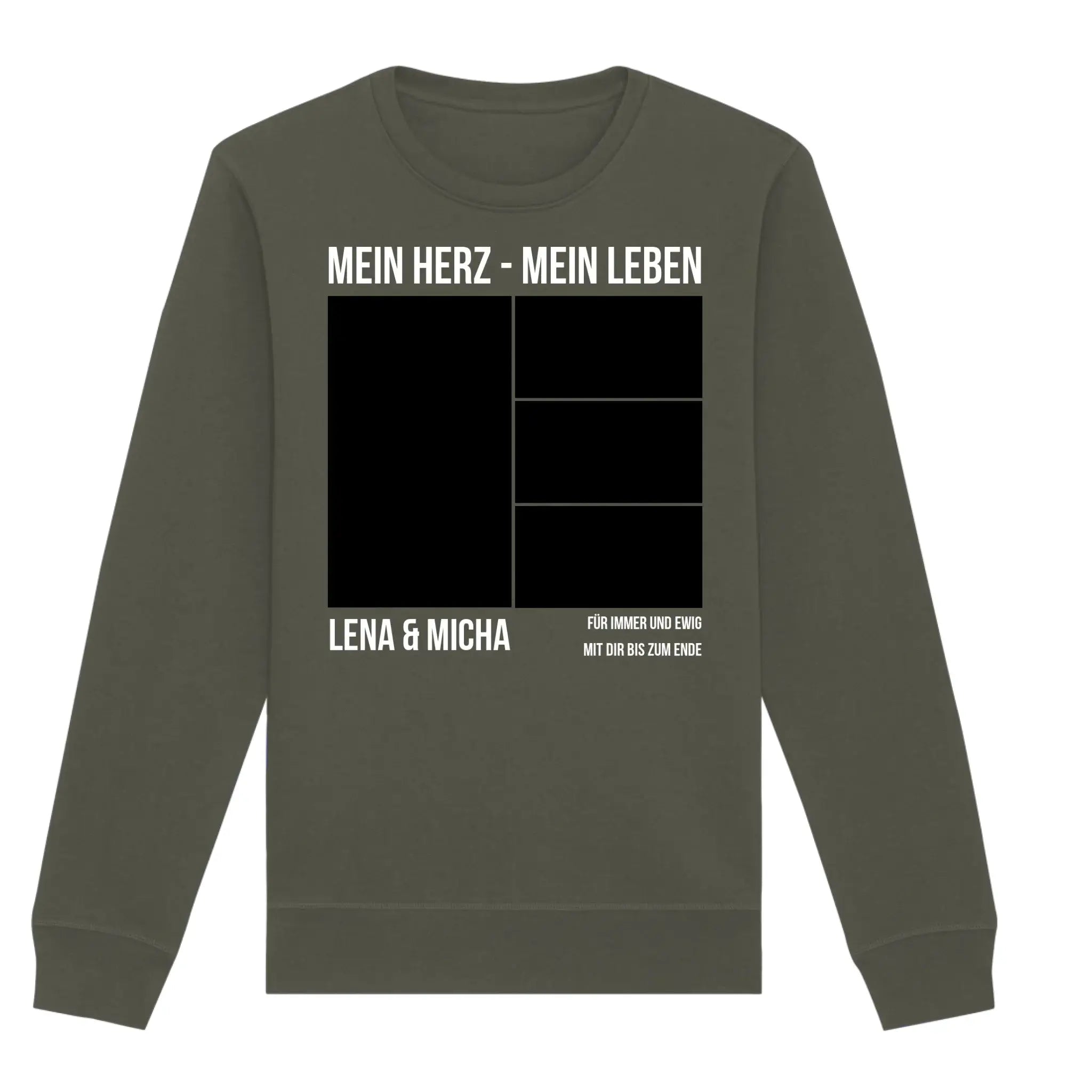 Olivegrünes langarm sweatshirt mit schwarz weißem deutschem schriftzug motiv aus der statement collection personalisiert