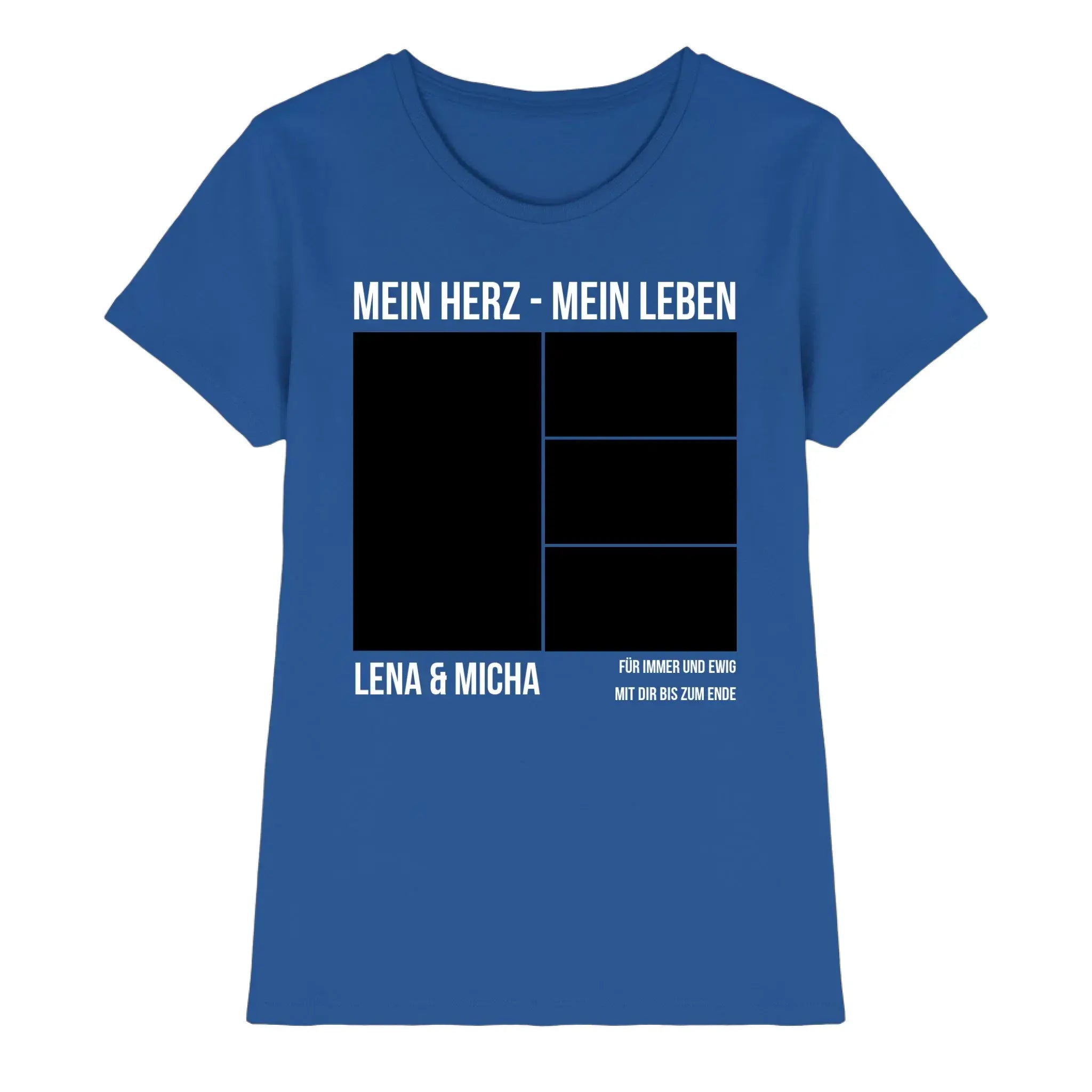 Blaues damen t-shirt mit schwarz weißem graphic mein herz mein leben und vier fotos mit namen lena und micha personalisiert