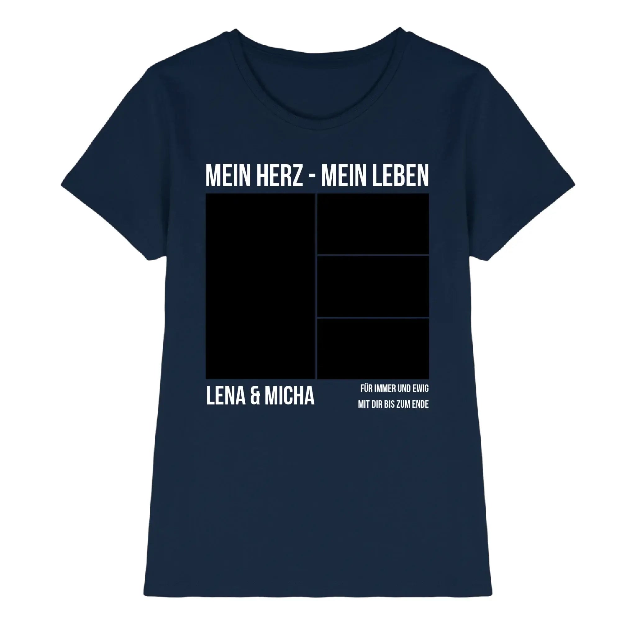 Navyblaues kurzarmshirt mit weißem text und schwarzem fotorahmen aus der statement-collection, personalisierbar