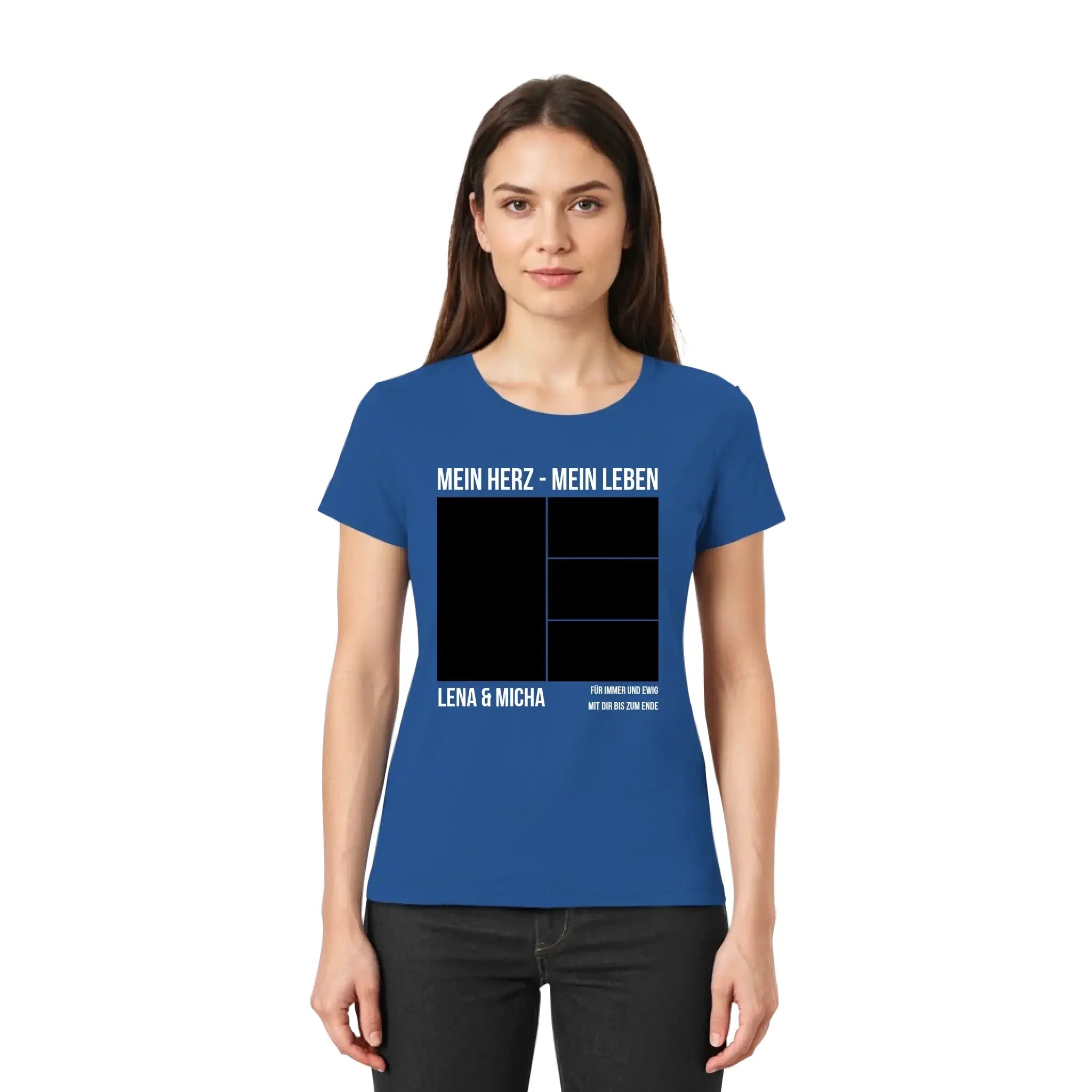 Blaues kurzarm t shirt mit weißem text und schwarzem motiv aus der statement collection personalisiert