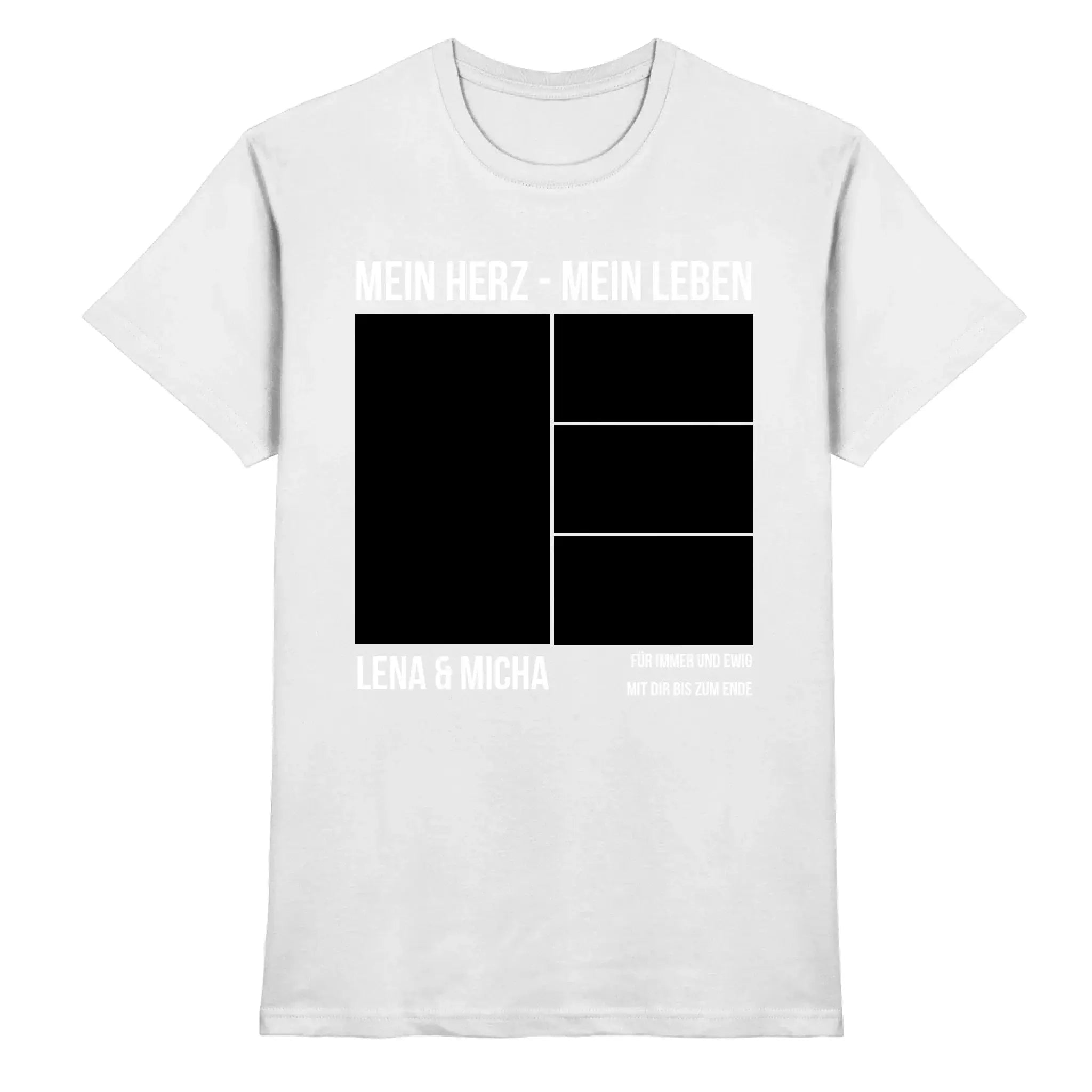 Weiße baumwoll t-shirt mit schwarzem grafikdruck mein herz mein leben lena & micha aus der statement collection personalisiert