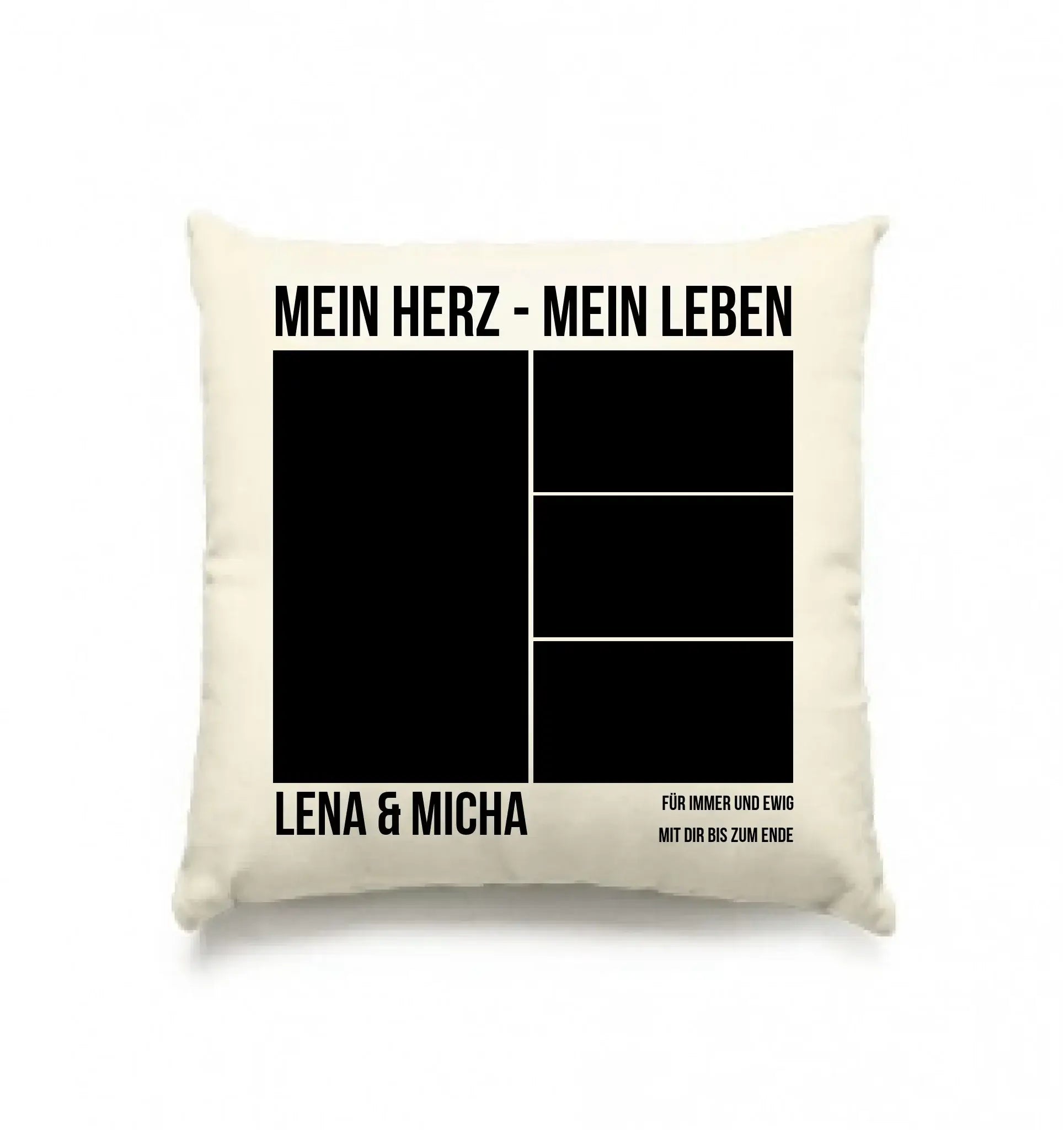 Creamfarbiges kissen mit schwarz bedrucktem text und fotoplatzhaltern aus der mein fotomotiv statement-collection
