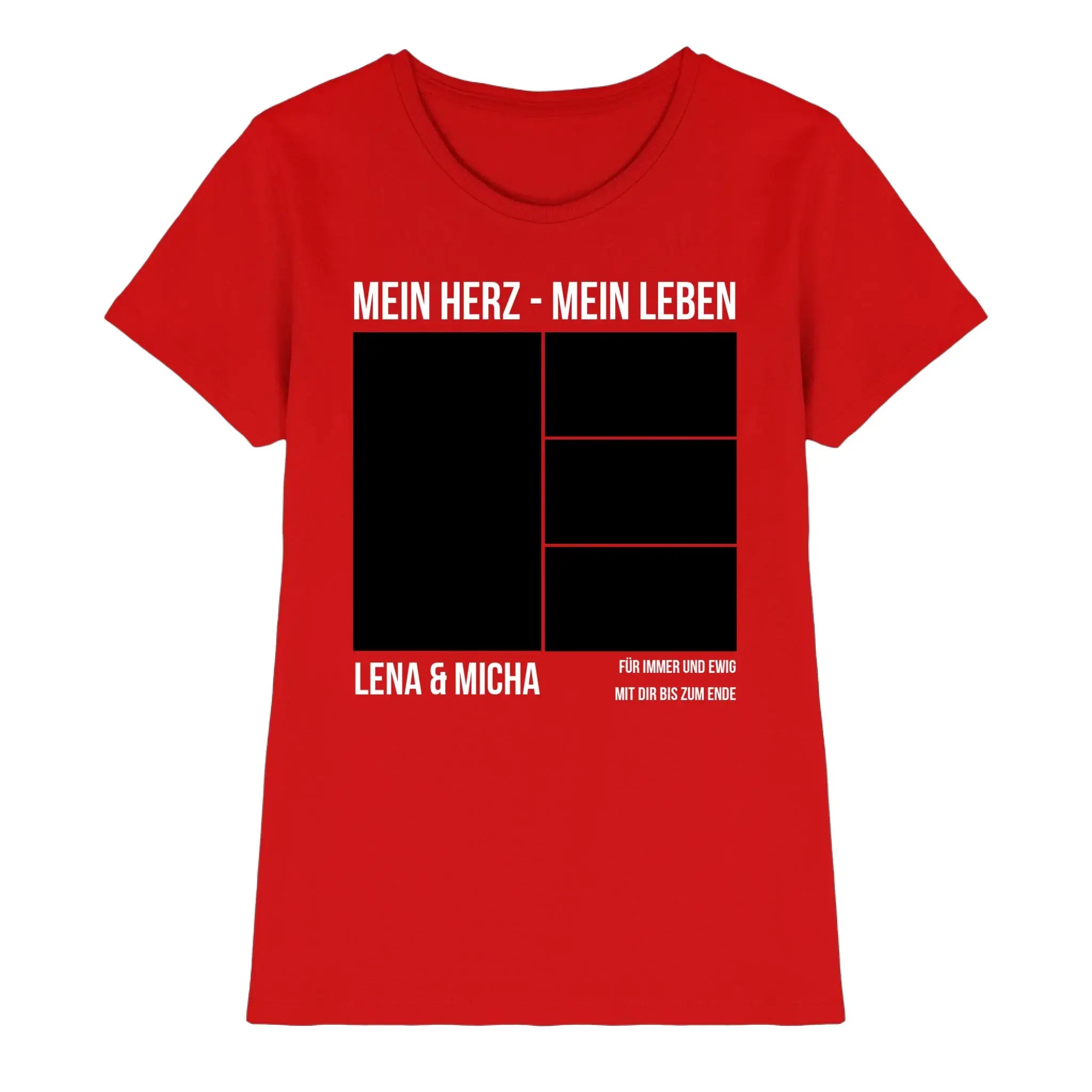 Vibrantes rotes damen-t-shirt mit kurzem arm und schwarzem weißem fotomotiv mein herz mein leben collage personalisiert