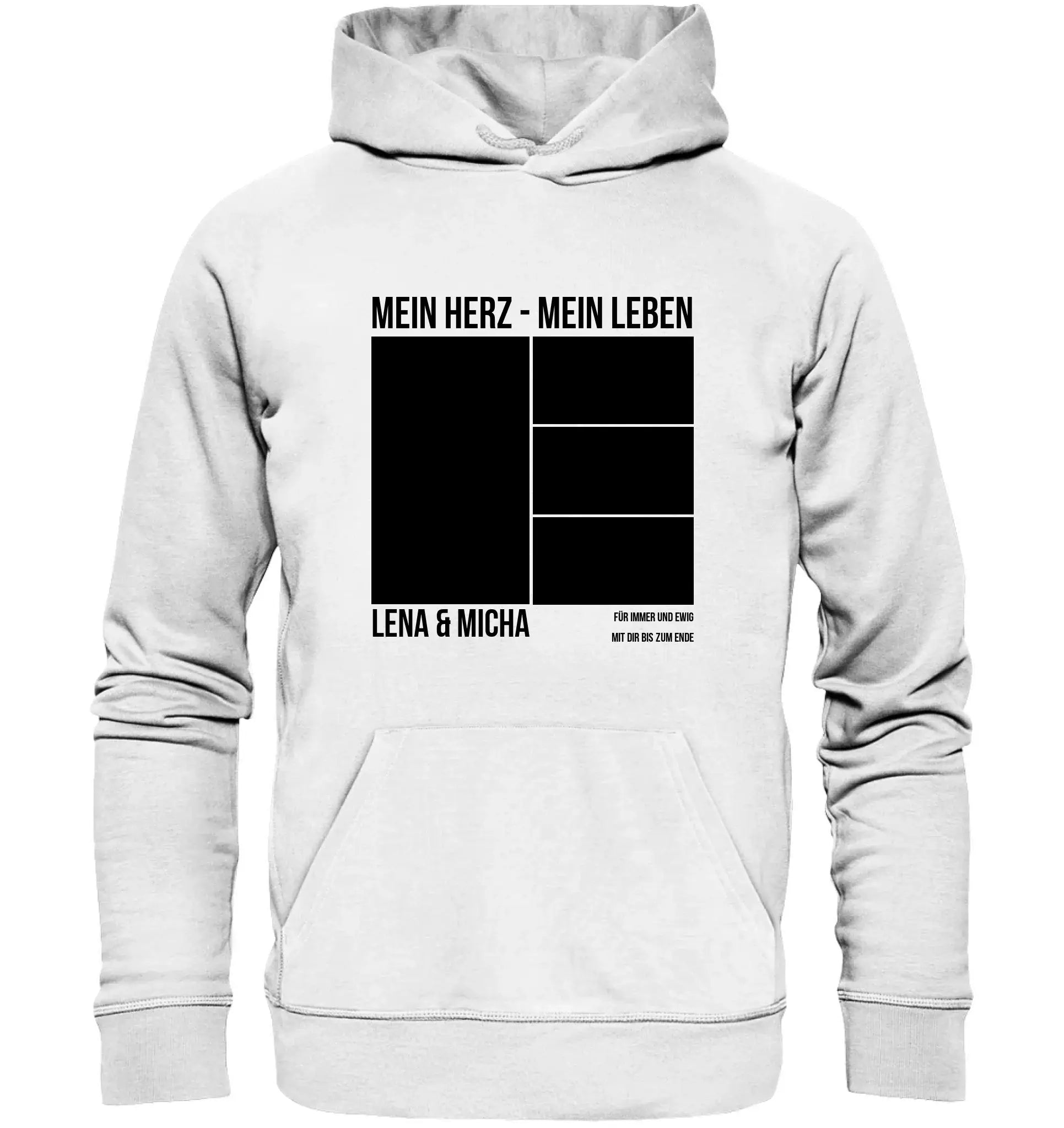 Weißer hoodie aus der statement-collection mit schwarzem grafikdesign mein herz mein leben lena & micha personalisiert