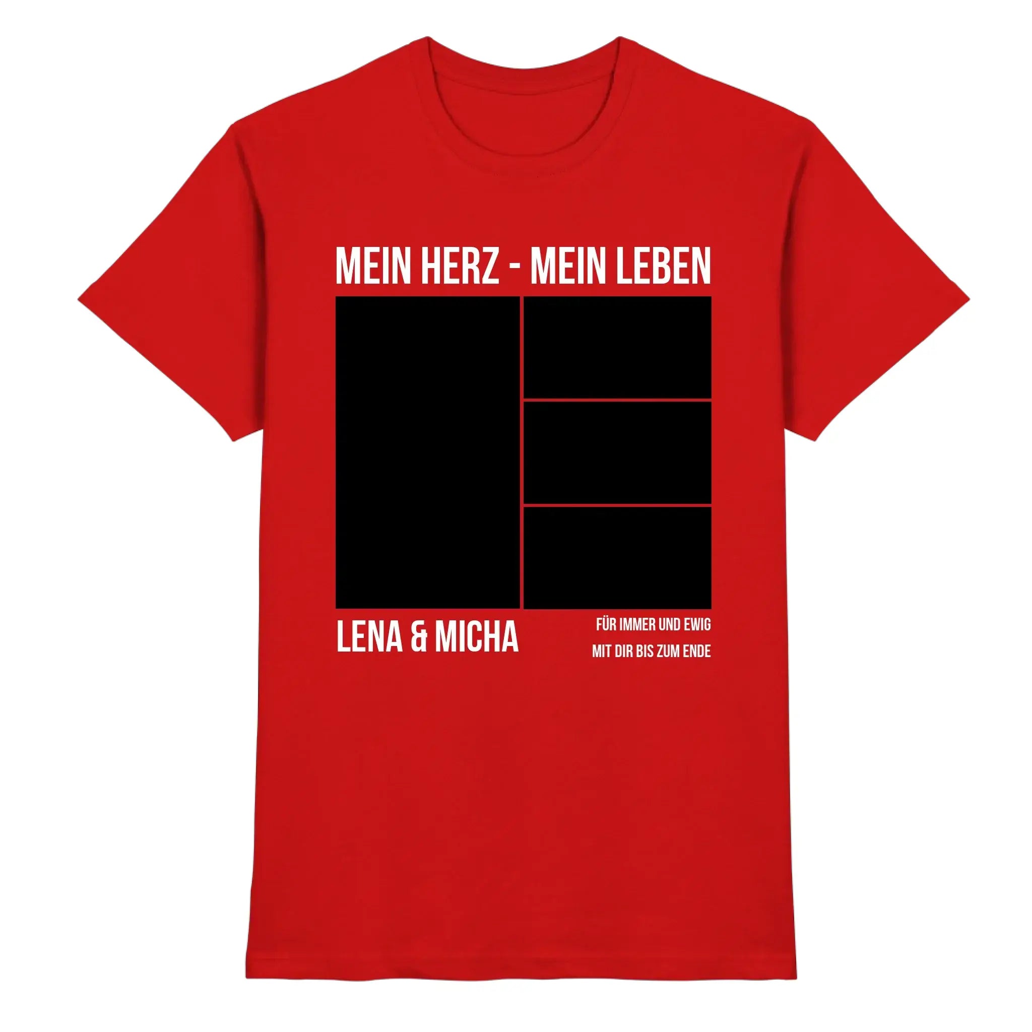 Ein rotes baumwollshirt mit schwarzem grafikprint und weißem text mein herz mein leben lena und micha personalisiert