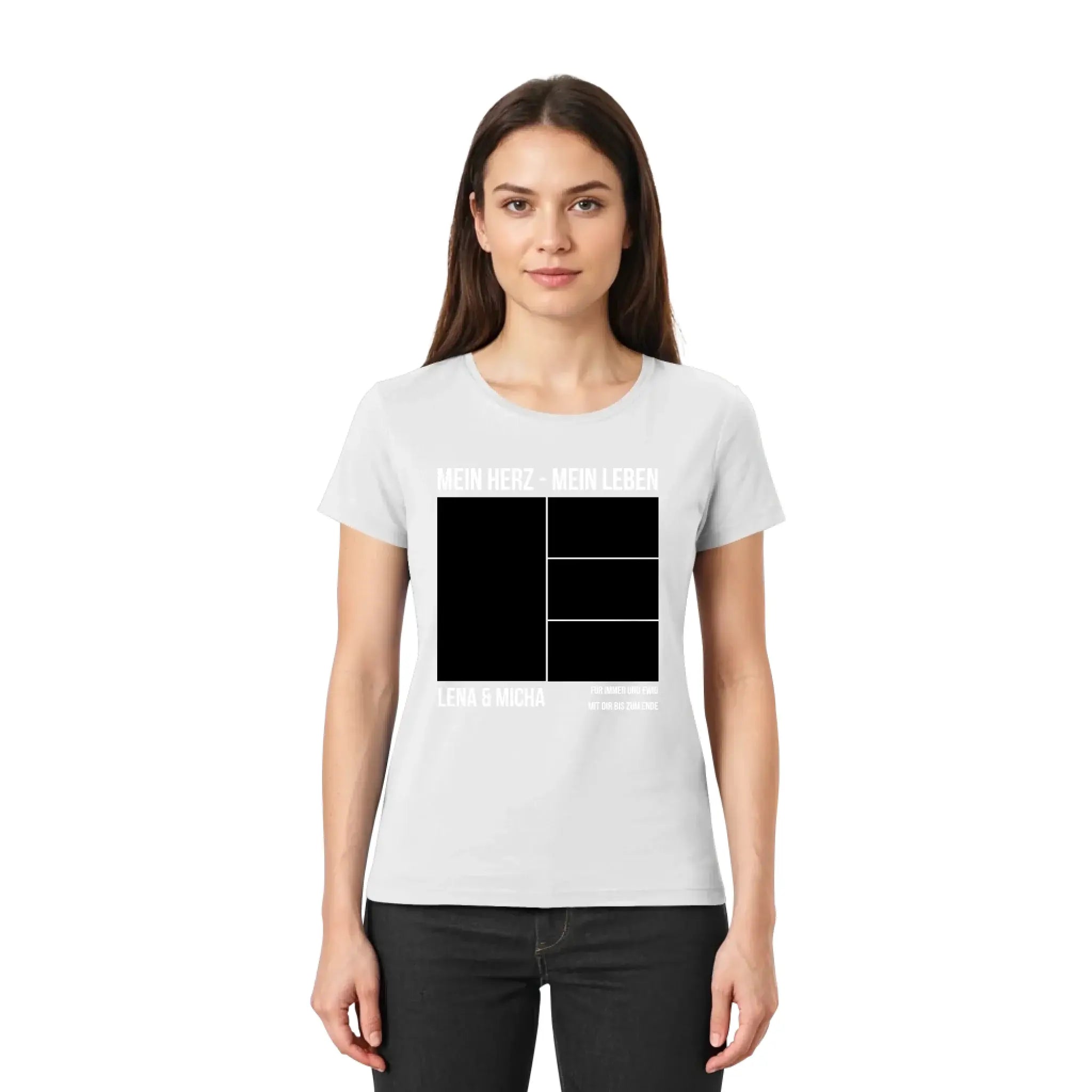 Hellgraues damen tshirt mit schwarz weißem grafikdesign aus text und geometrischen formen personalisiert