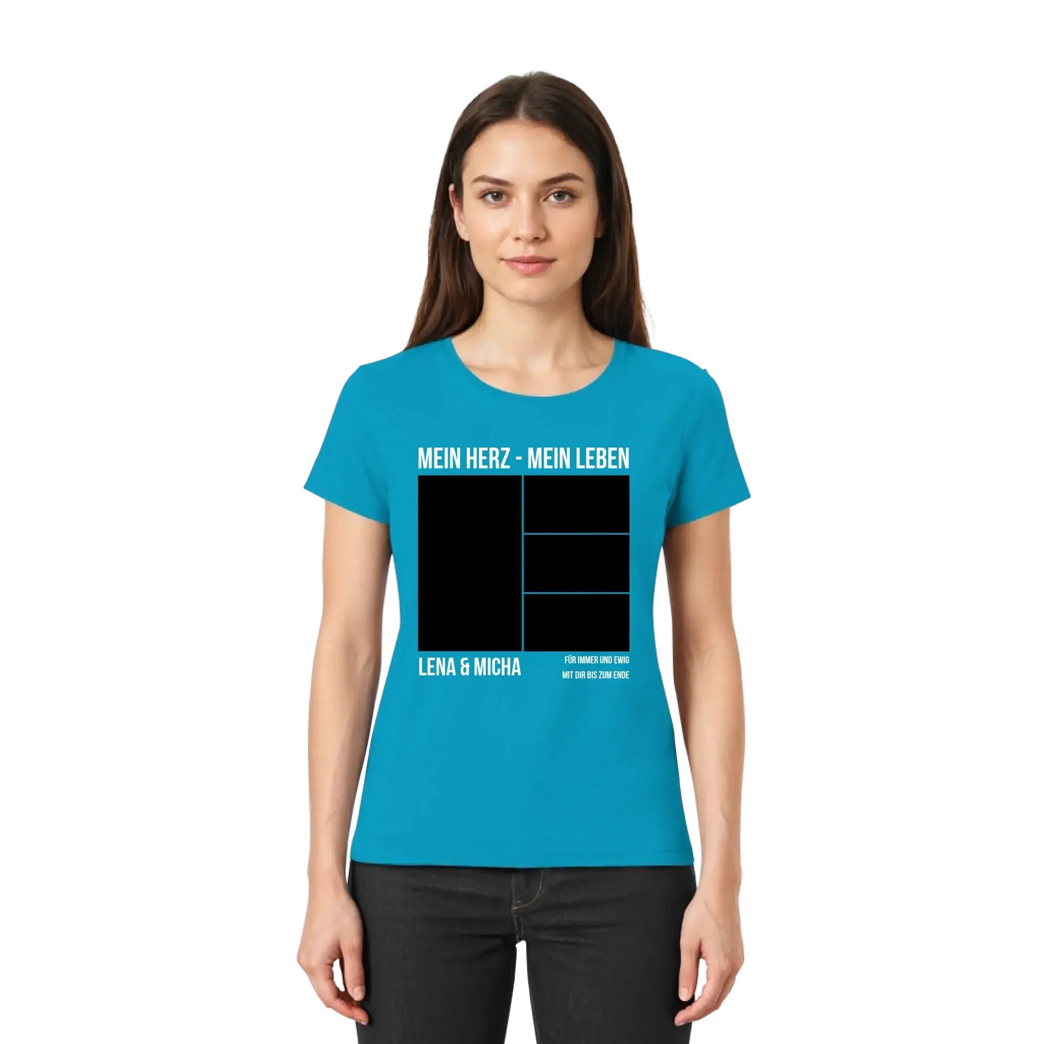 Tealfarbenes damen t shirt kurzarm mit schwarzem grafikdruck und weißem text aus der statement collection personalisiert