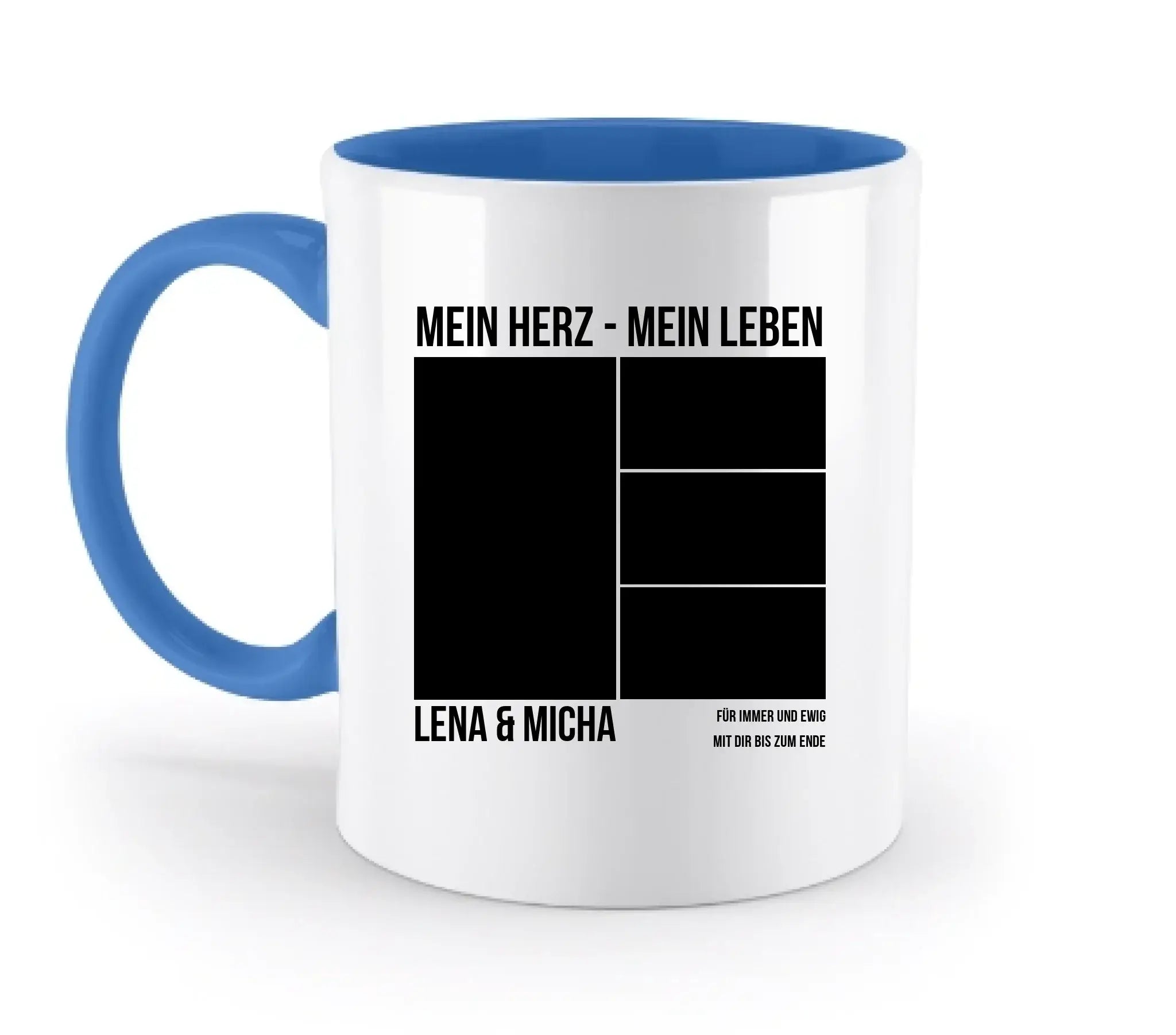 Weiße keramikmug mit blauem griff und innenfarbe, schwarzem design mit foto-platzhaltern und deutschem text