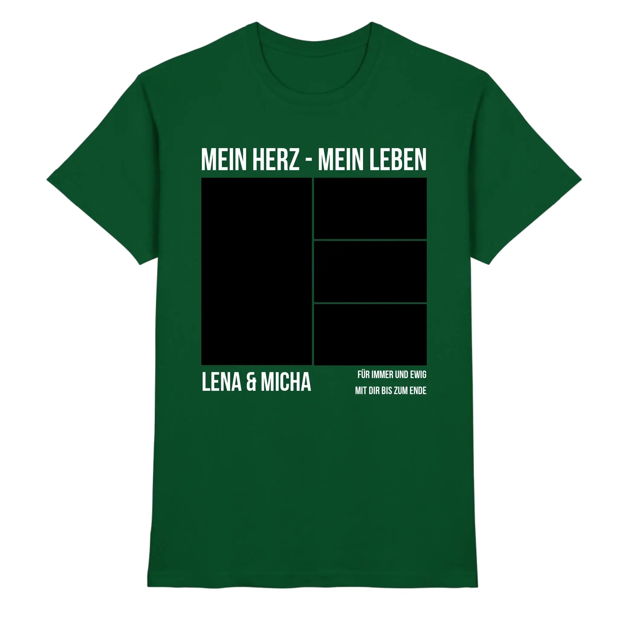 Dunkelgrünes baumwoll t-shirt mit schwarzem gitterdesign und weißem text mein herz mein leben lena und micha