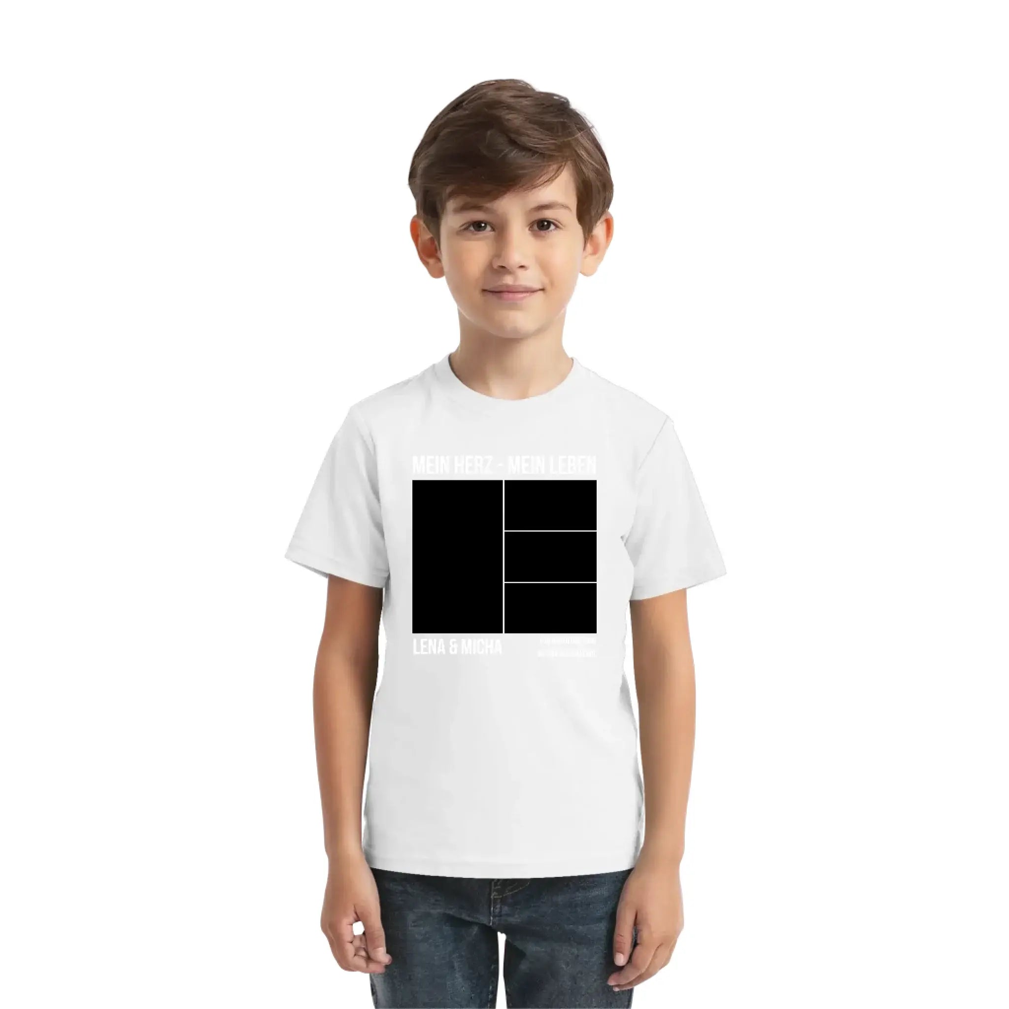 Weißes baumwollshirt mit schwarzem geometrischem grafikprint und weißem text personalisierbares statement-shirt