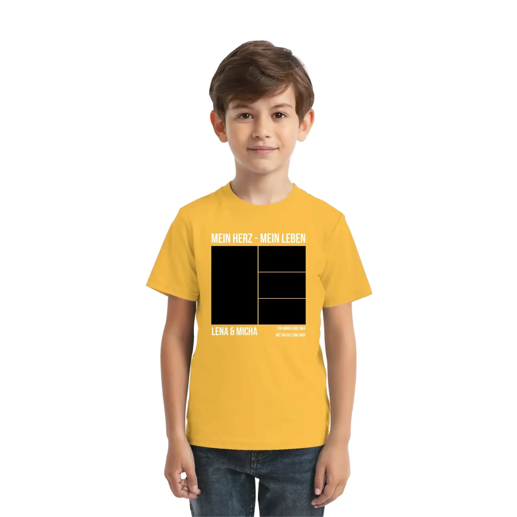 Gelbes kurzarmshirt mit schwarzem grafikdesign mein herz mein leben und den namen lena und micha personalisiert