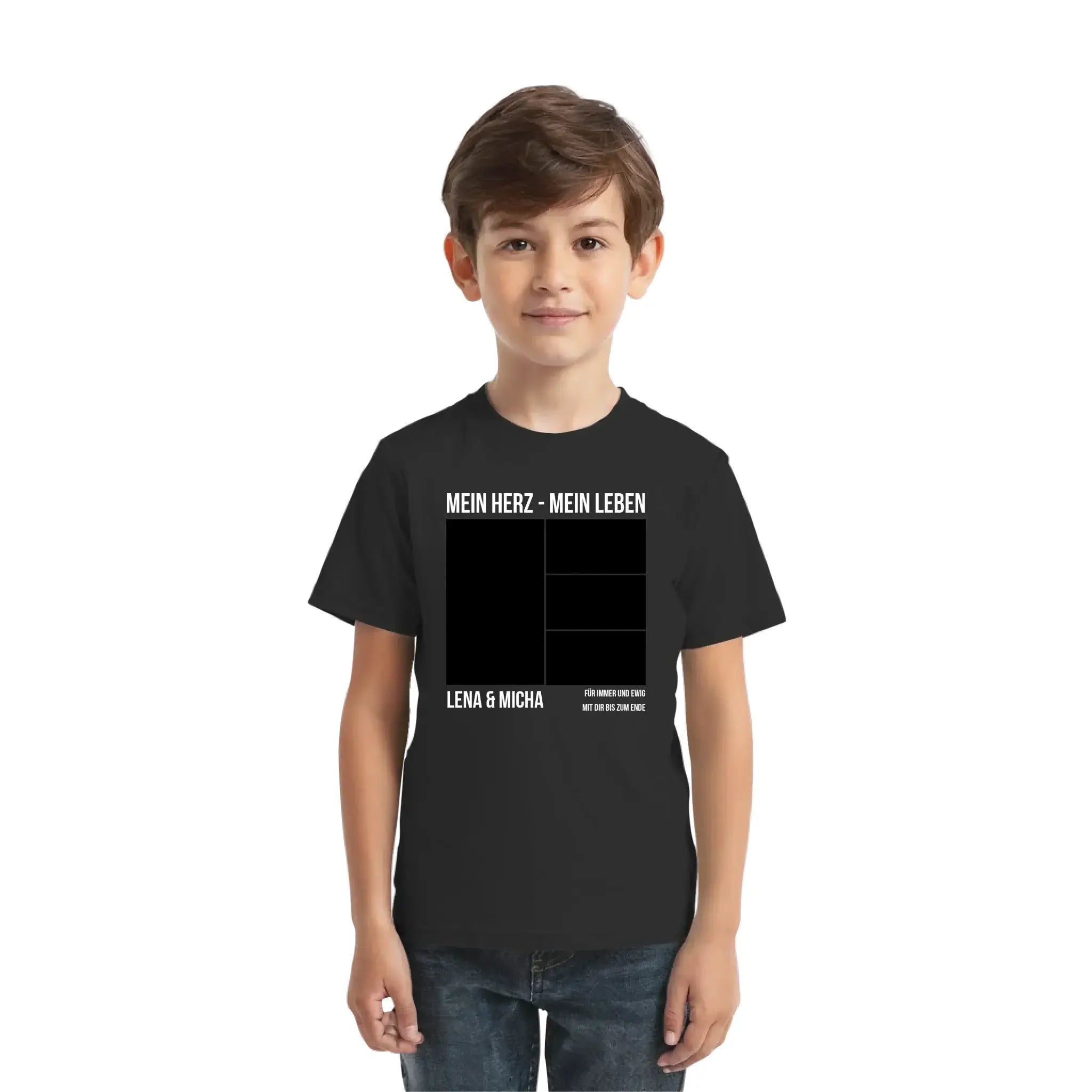 Schwarzes kurzarmshirt mit weißem text und rasterdesign mein herz mein leben lena und micha personalisiert