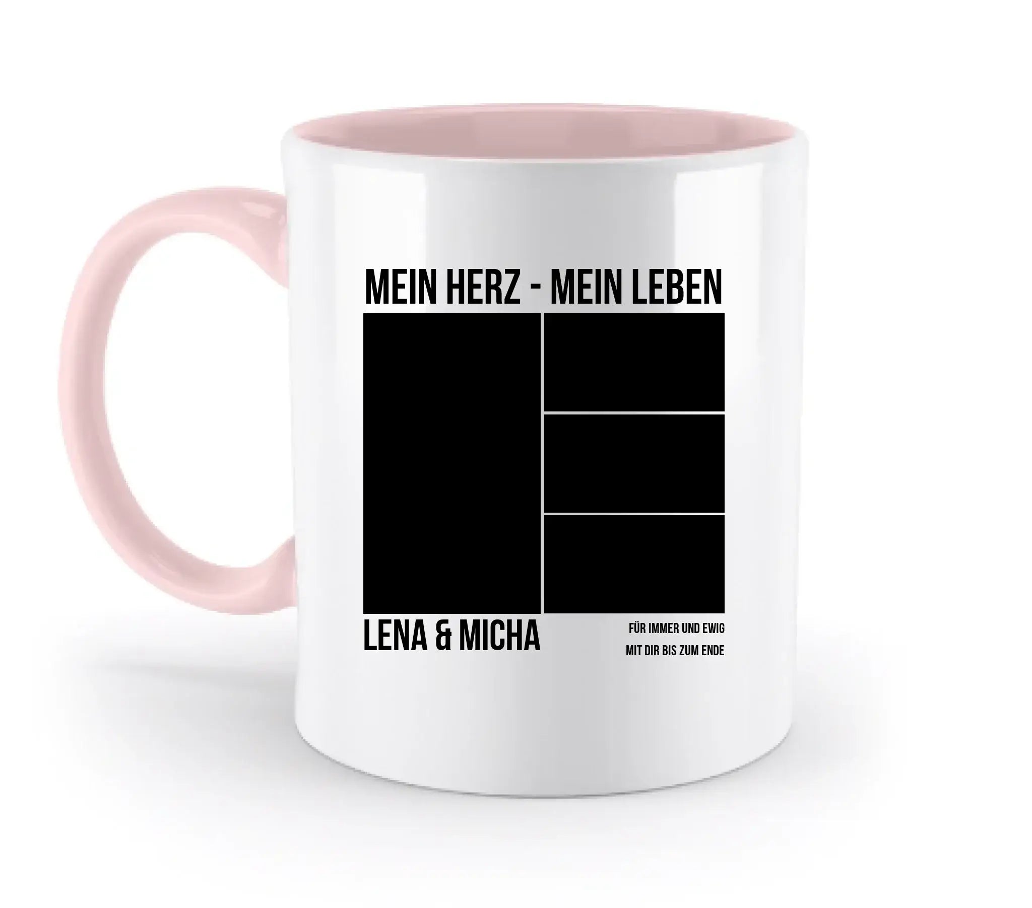 Weiße keramiktasse mit pinkem griff und innenfläche, schwarzer text und foto-plätze, personalisierte collage