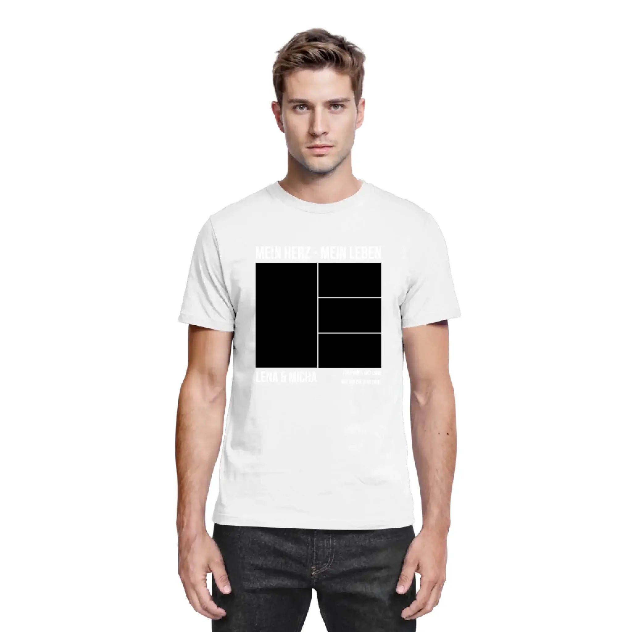 Weißer baumwoll t shirt mit fettem schwarzen geometrischen design aus drei vertikalen rechtecken und minimalistischer schrift aus der statement collection personalisiert
