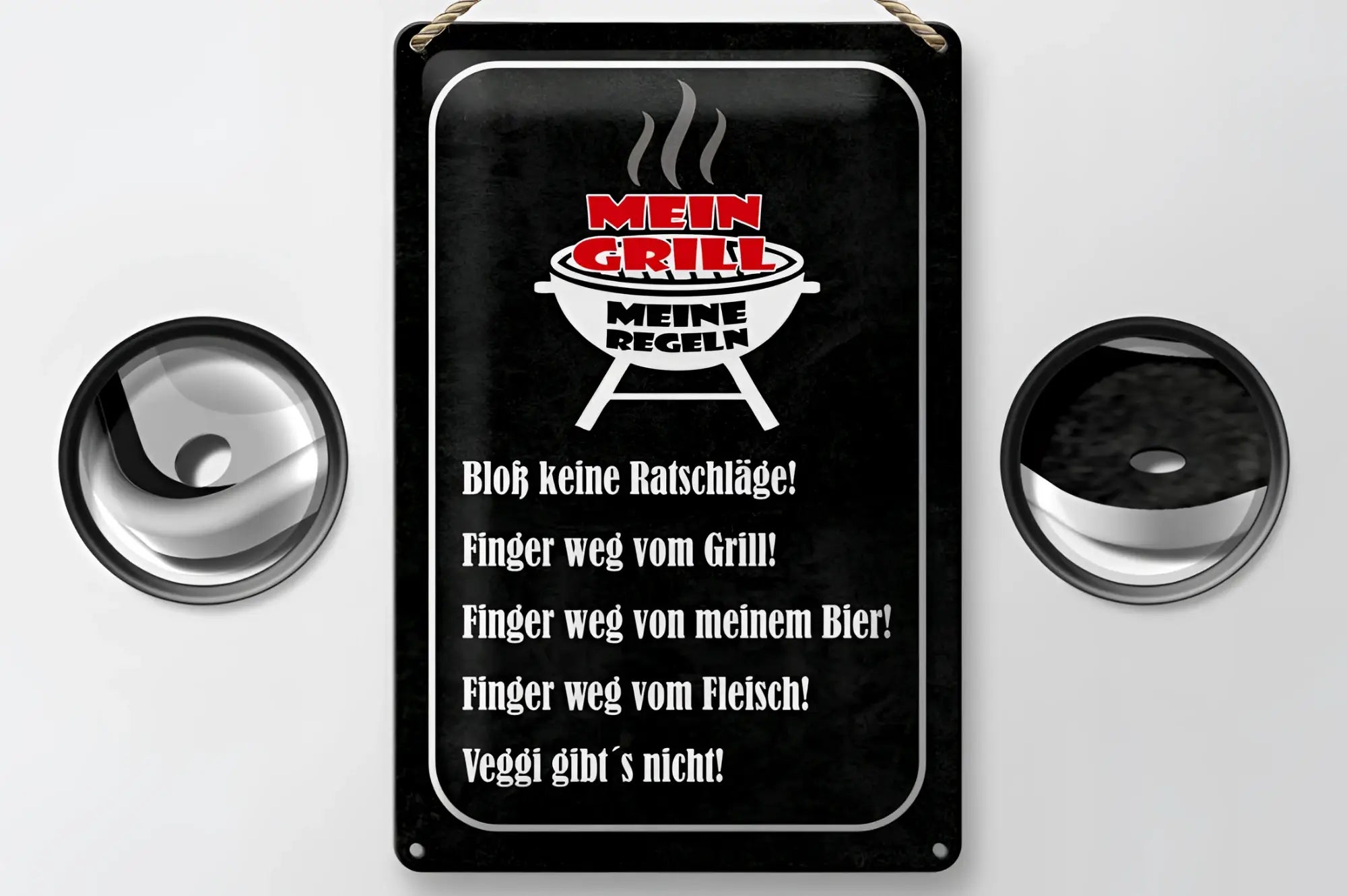 Schwarzes blechschild mein grill mit weißem grillbild und roten text deutsche grillregeln 20x30cm