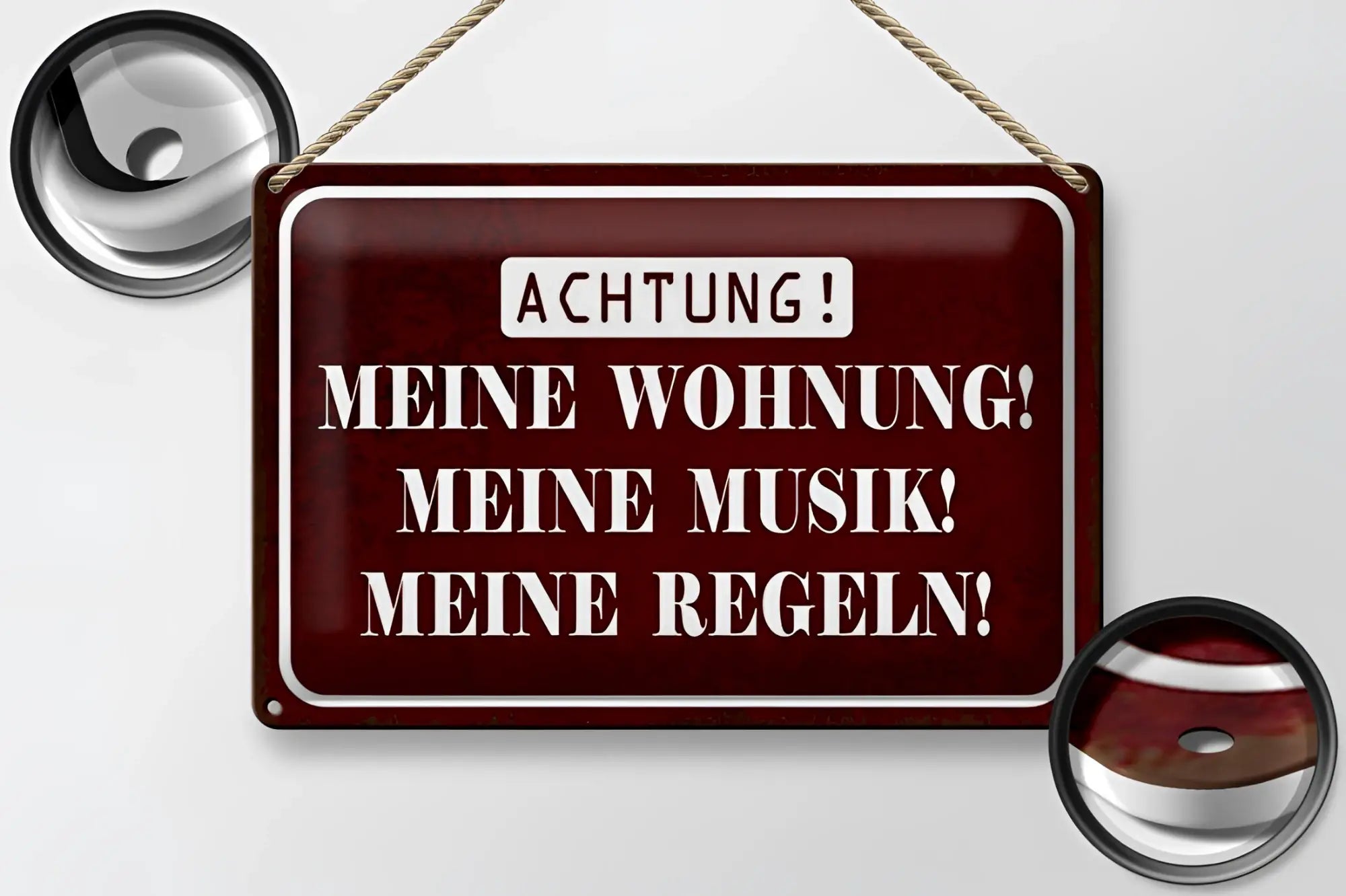 maroon Metall Schild mit weiß lettering und silber Rand hanging by ropes from meine wohnung blechschild 20x30cm