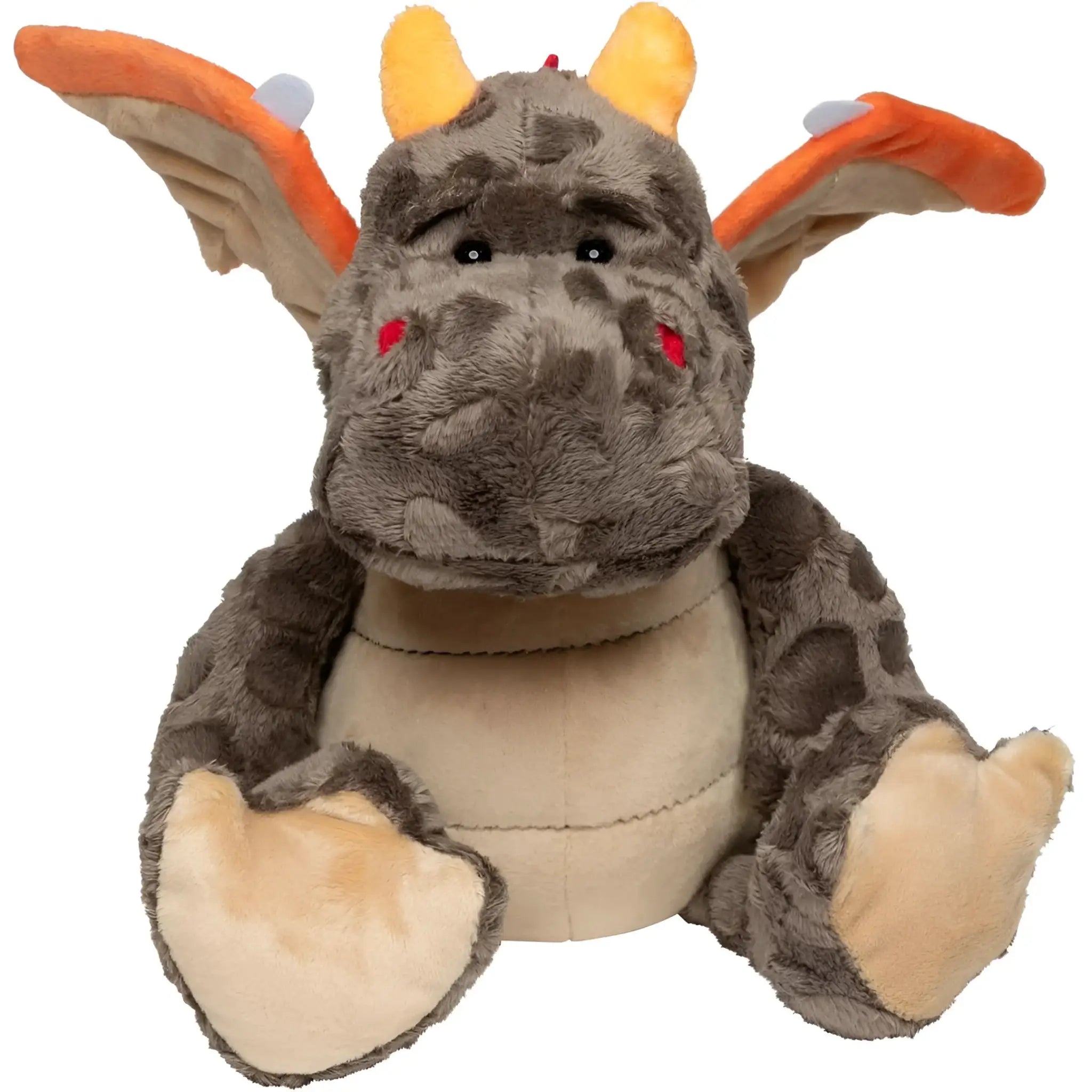 Mini feet drache edda kuschelheldin ein grauer plüschdrache mit orangen flügeln und hörnern aus stoff ab 10 monate