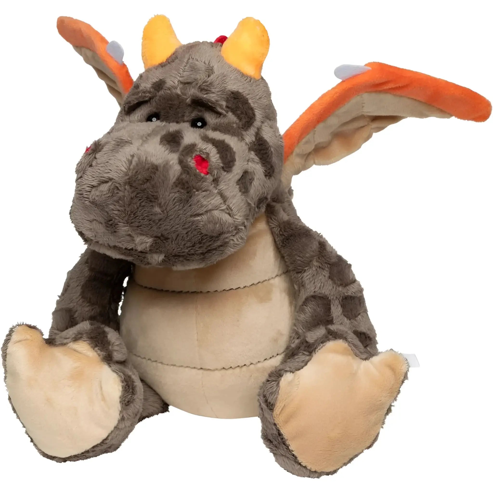 Ein miniFeet drache edda kuschelheldin stofftier in grau mit orangen flügeln und hörnern, roter nase und schwarzen augen