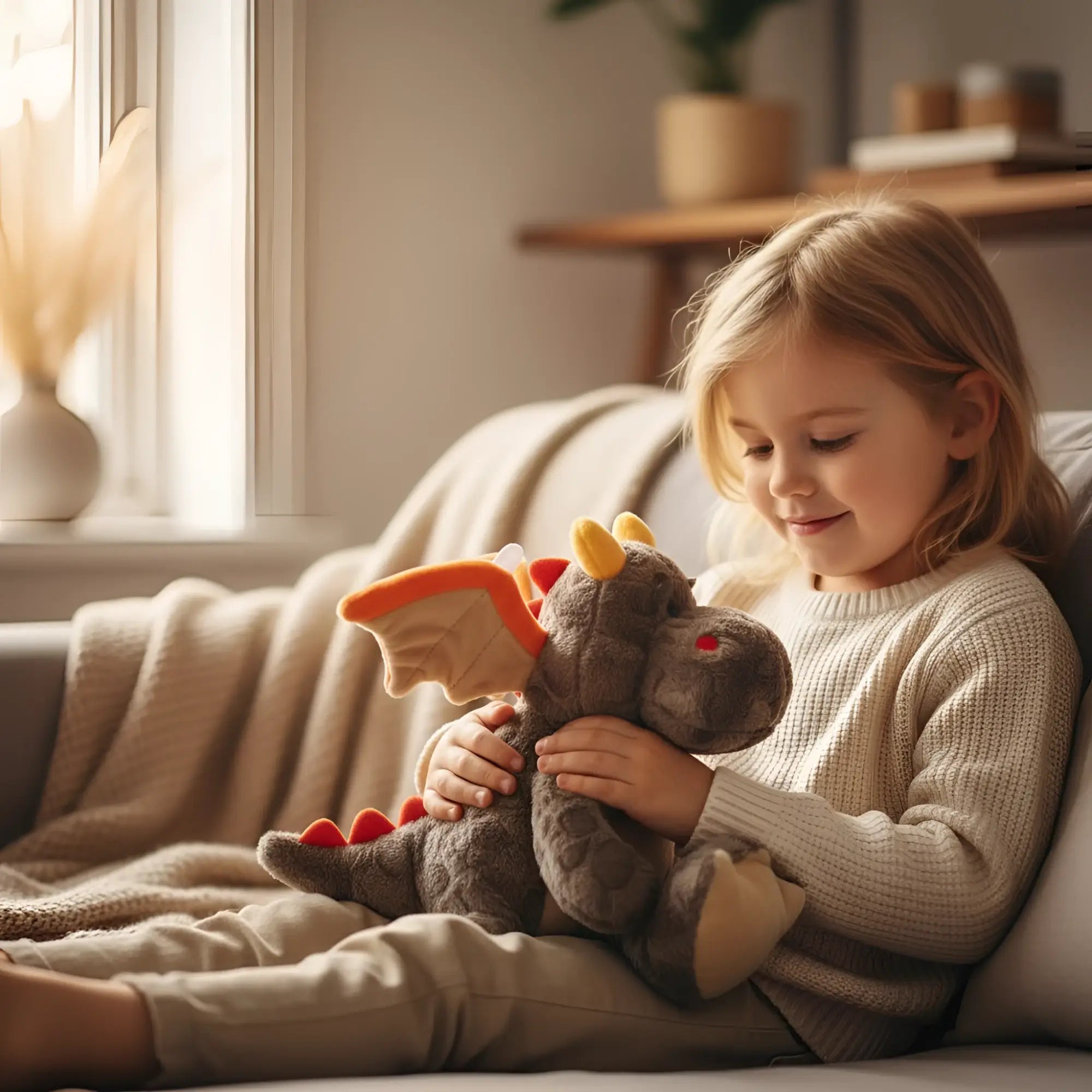 Ein weiches minifeet drache edda stofftier grau mit orangen flügeln roten spitzen und gelben hörnern ab 10 monate