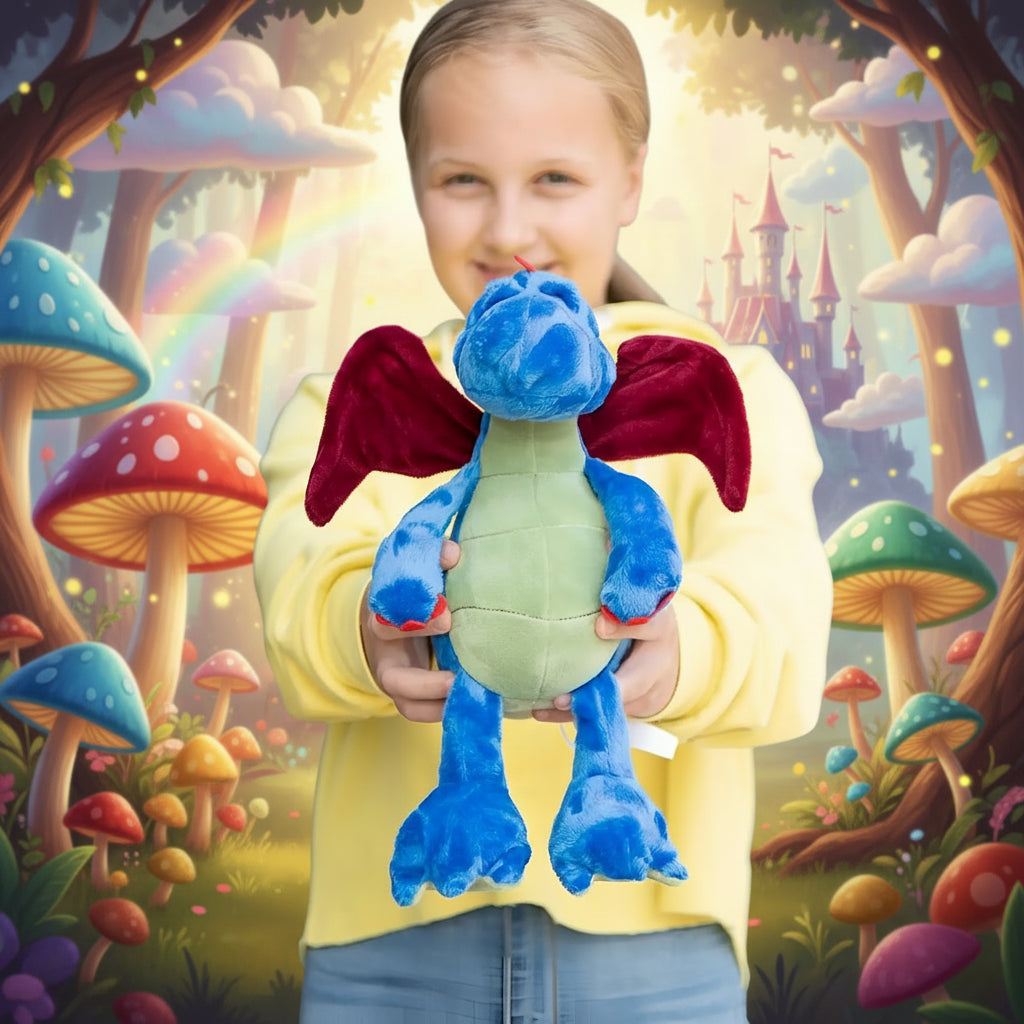 Ein kinderhand haltet den mini feet drache magnus kuschelfreund plüschtier blau mit roten flügeln und grünem bauch