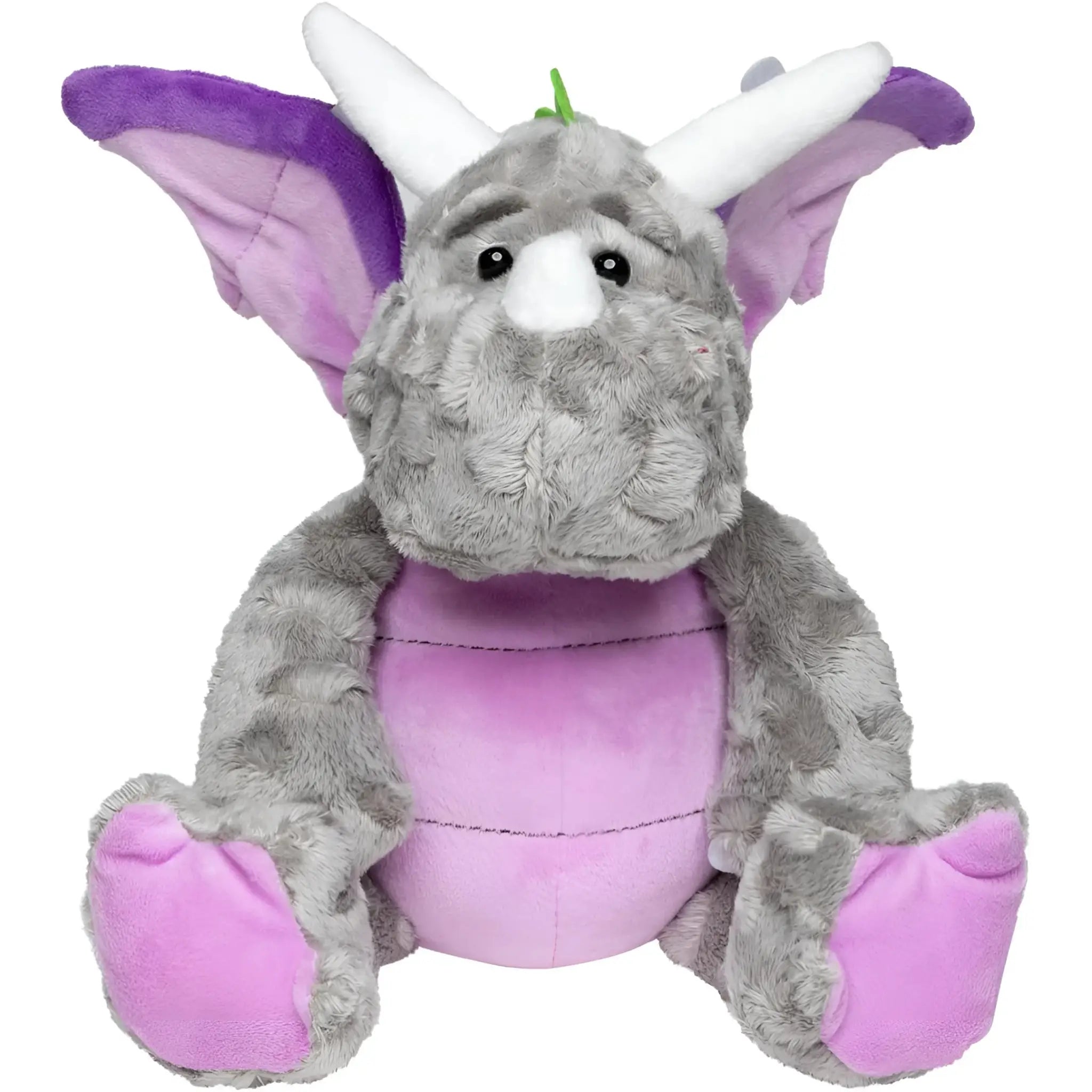 MiniFeet Drache Smilla Kuschelheldin plüschtier grauer und lila stoffdrache mit weißen hörnern und grünem sprössling ab 10 monate